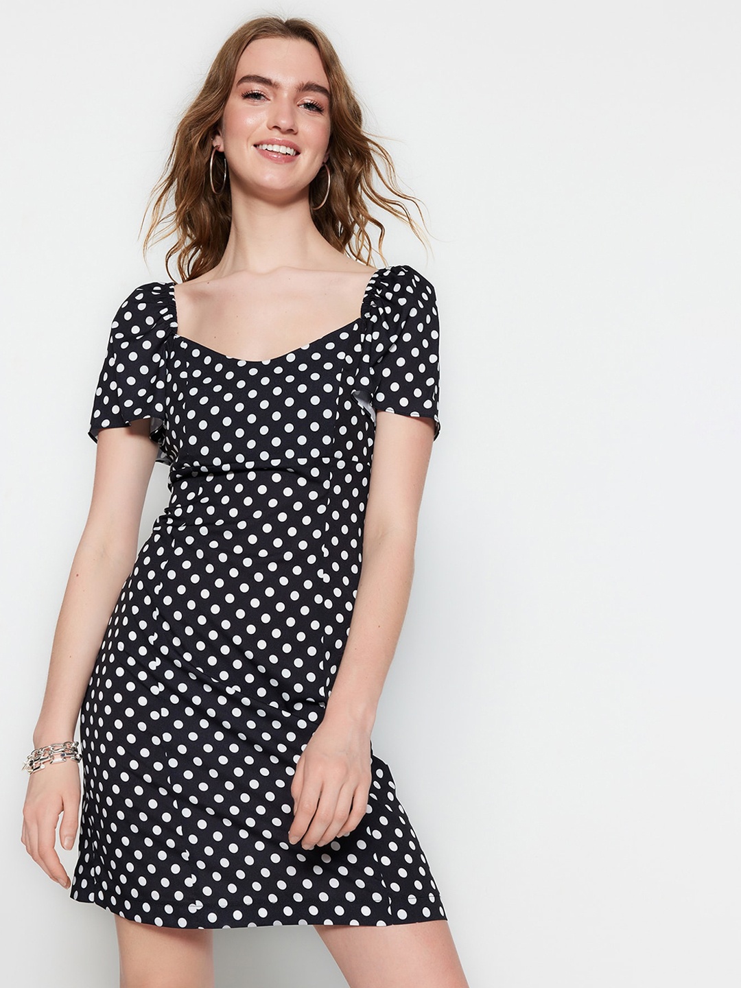 

Trendyol Square Neck Polka Dot Printed A-Line Mini Dress, Black
