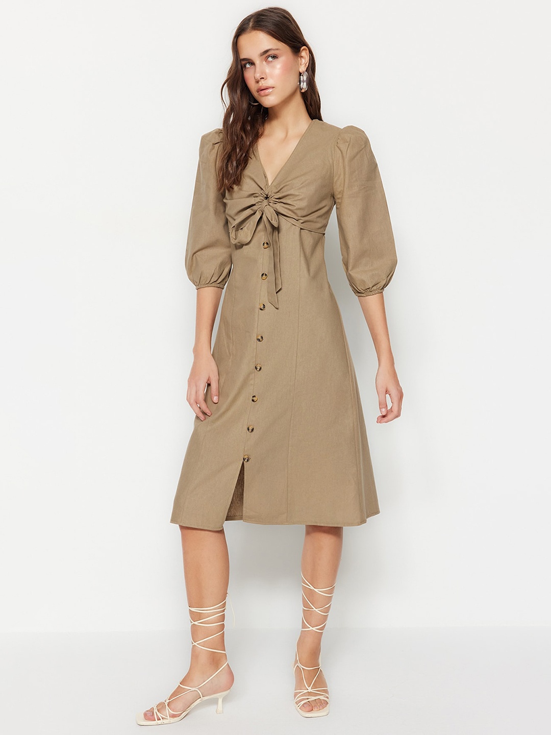 

Trendyol Puff Sleeve Tie Up Pure Cotton Fit & Flare Dress, Khaki