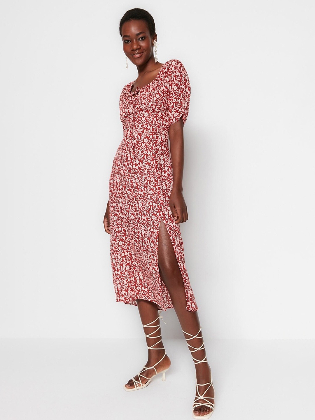 

Trendyol Floral Printed Puff Sleeve Maxi Dress, Maroon