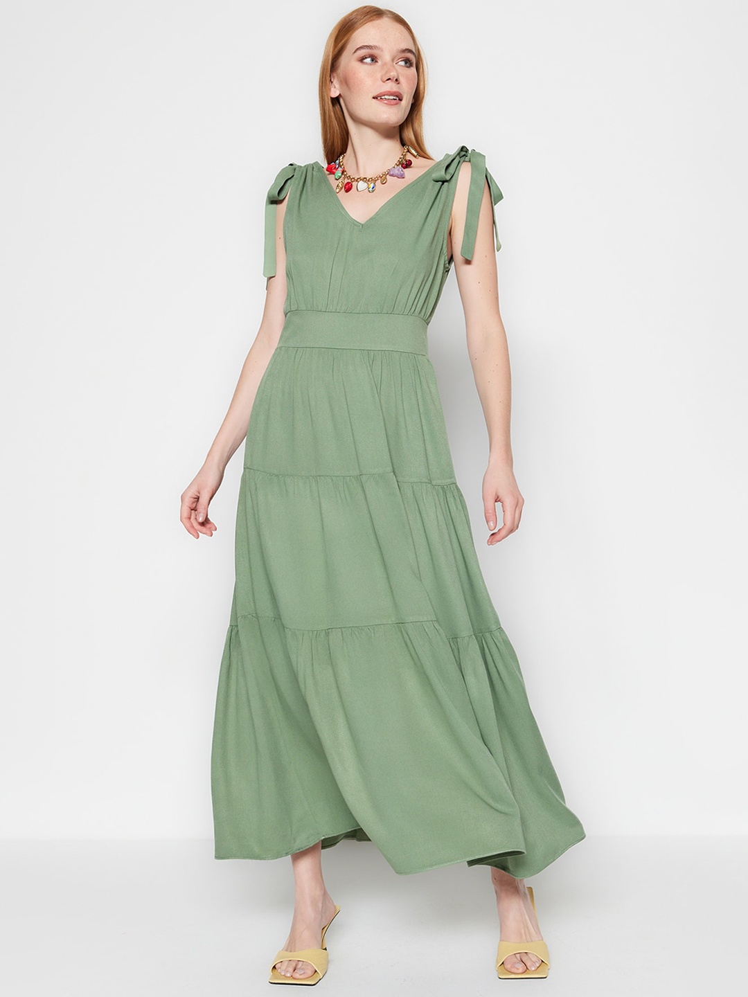 

Trendyol V-Neck Tiered Maxi Dress, Green