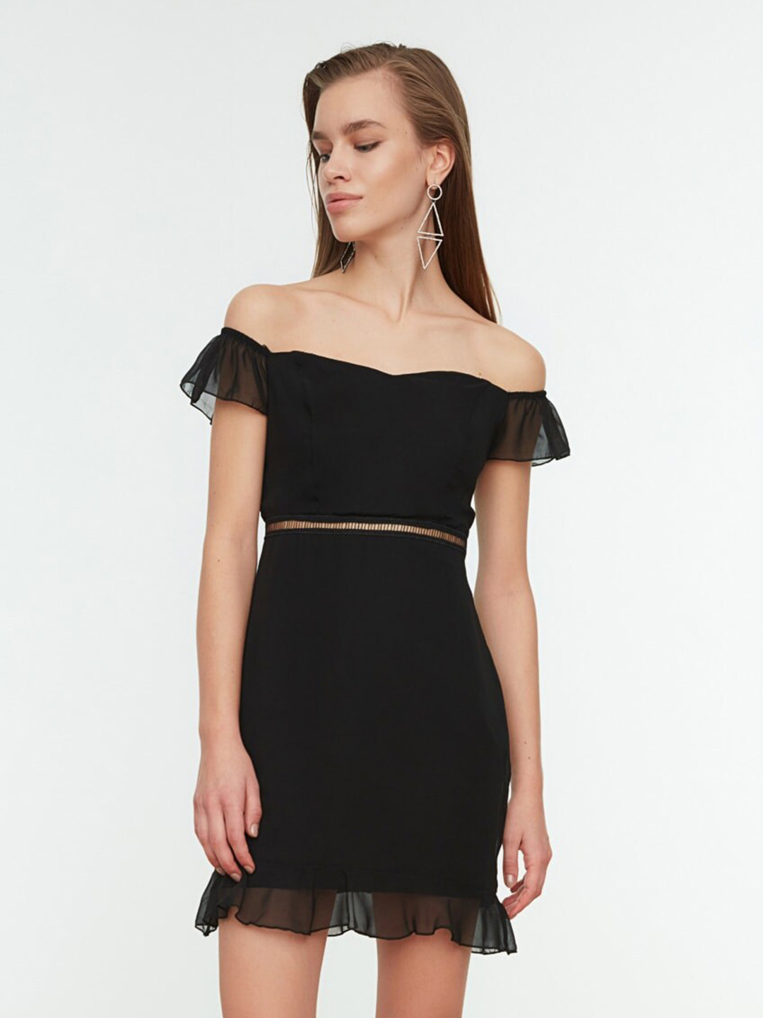 

Trendyol Off-Shoulder Flutter Sleeve Bodycon Mini Dress, Black