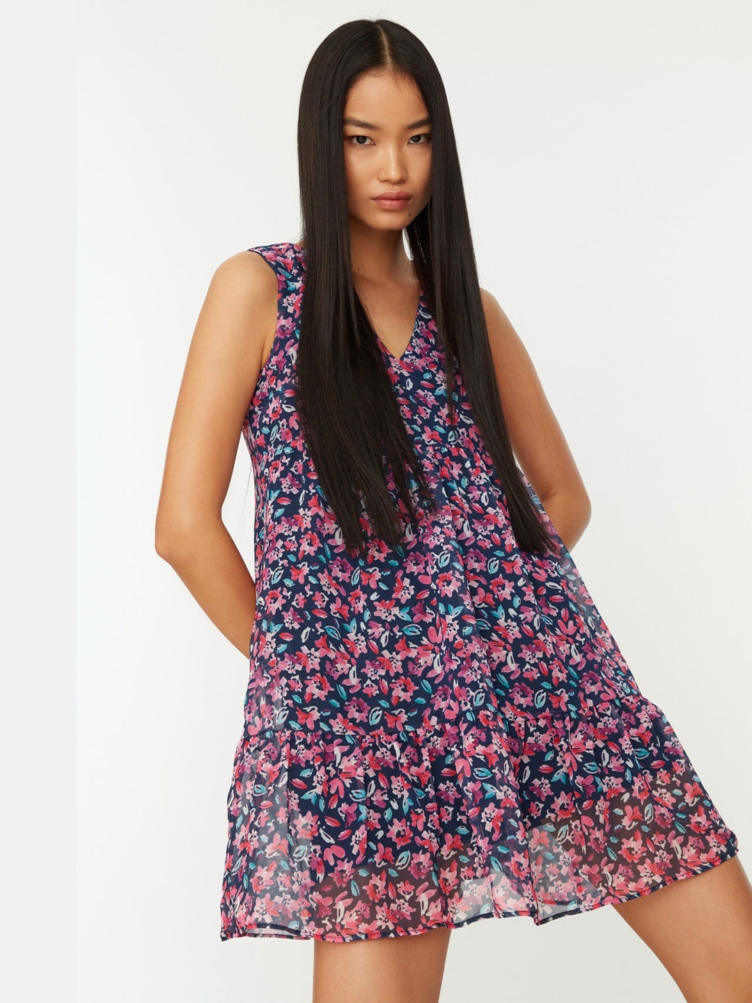 

Trendyol Floral Printed A-Line Mini Dress, Purple