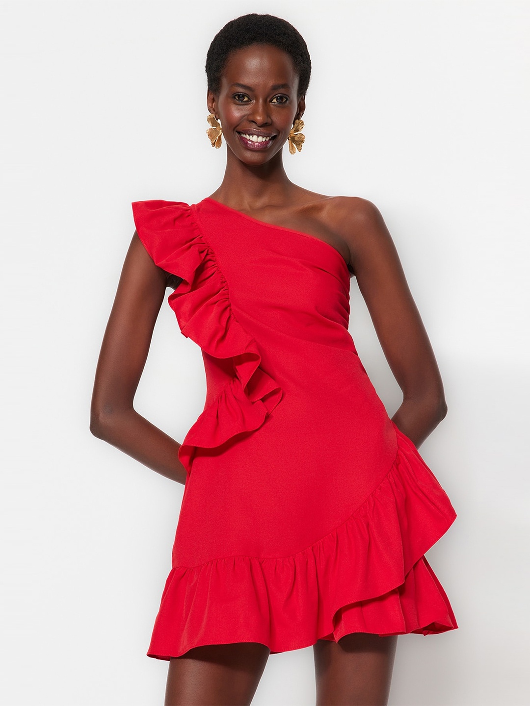 

Trendyol One Shoulder Ruffles Fit & Flare Mini Dress, Pink