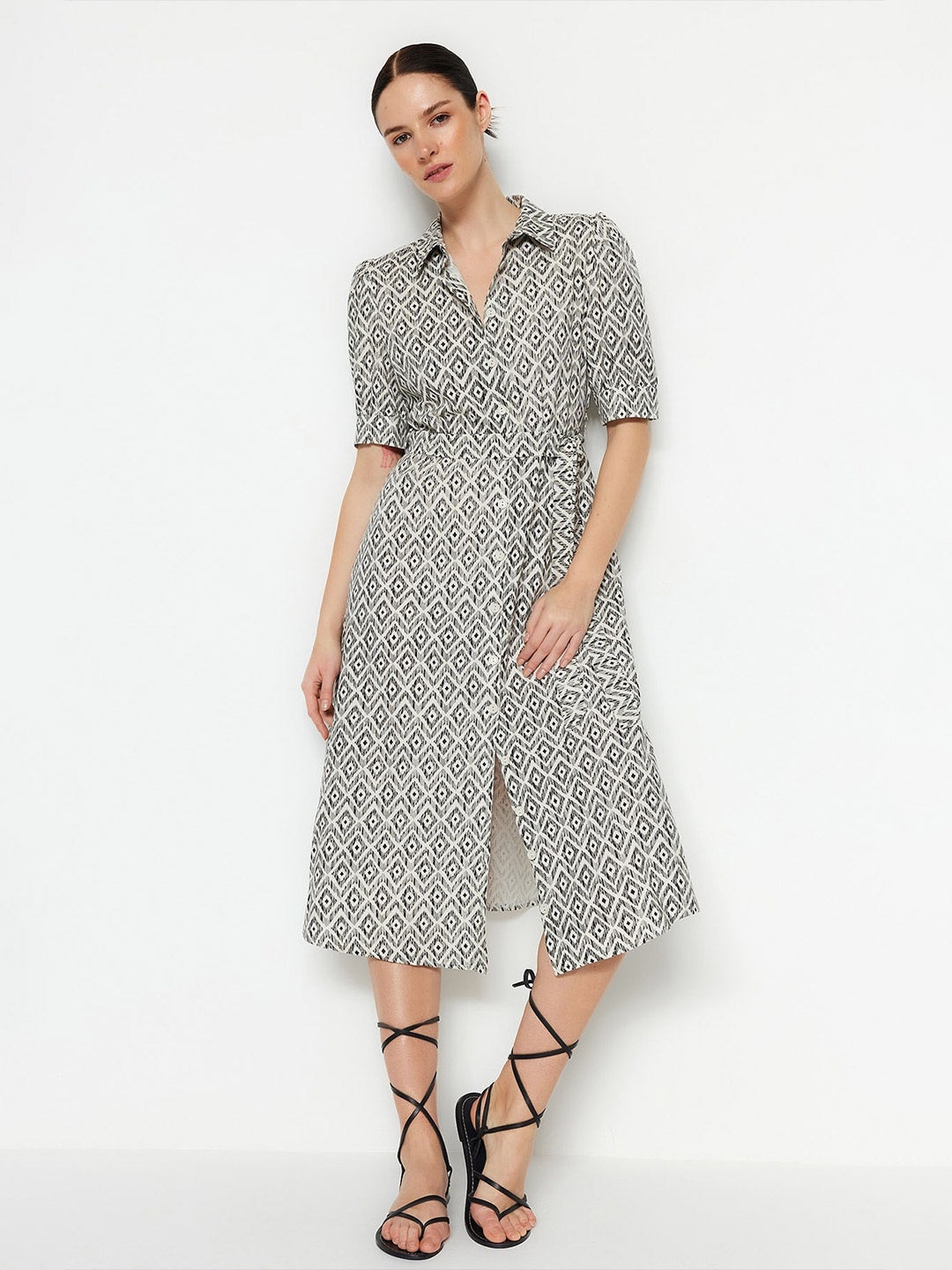 

Trendyol Shirt Collar Print Shirt Midi Dress, Grey