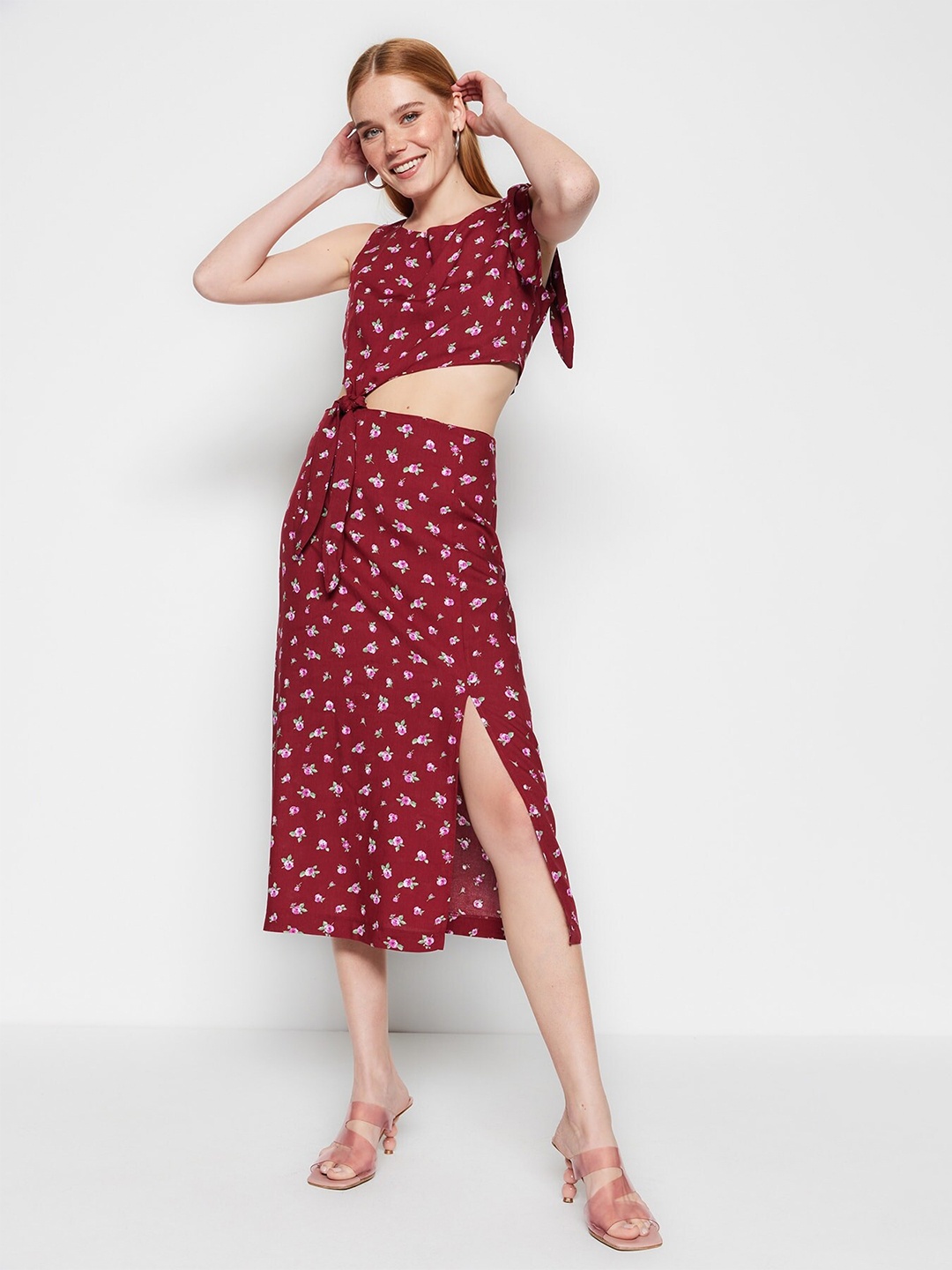 

Trendyol Floral Print A-Line Midi Dress, Maroon