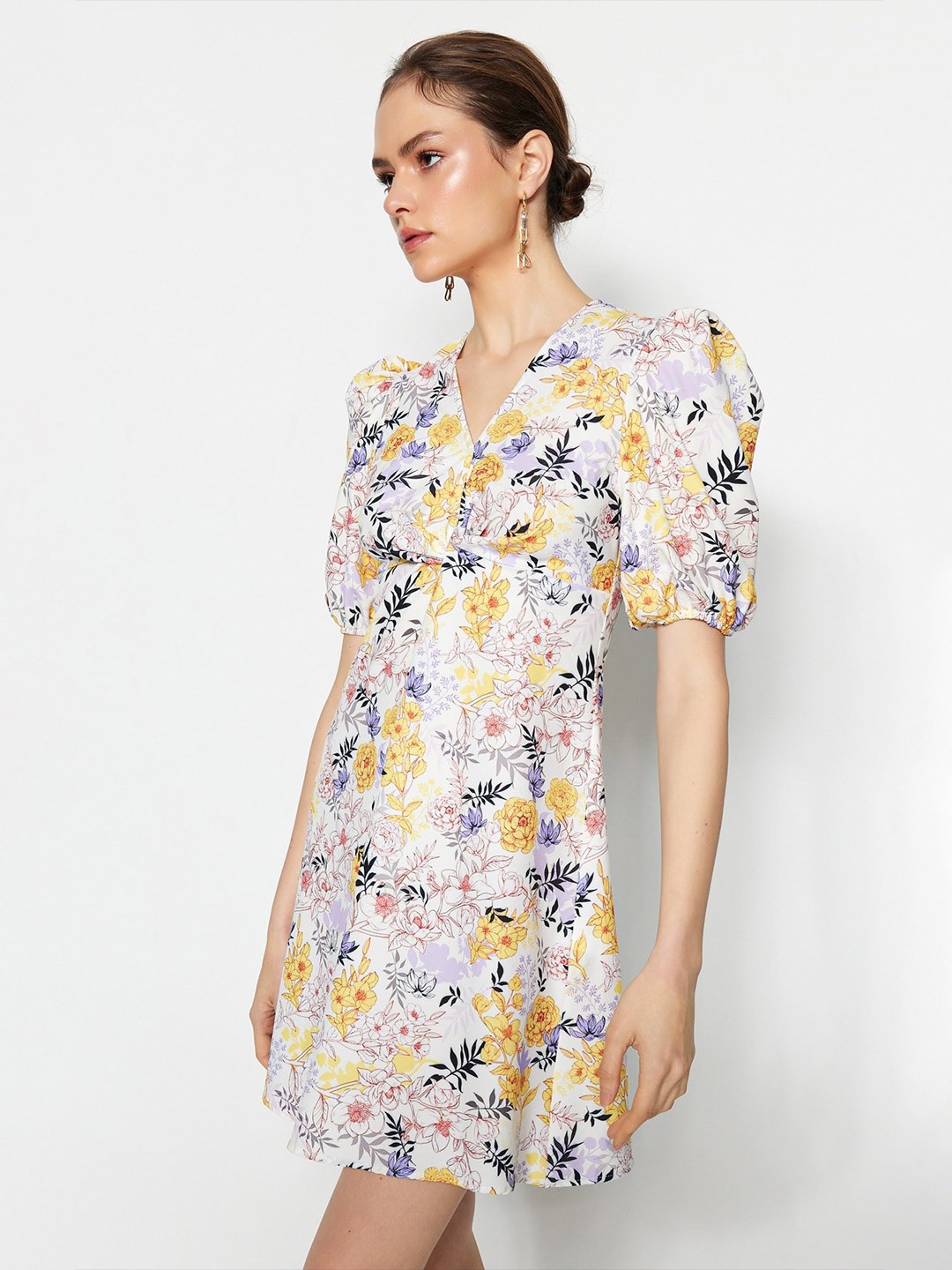 

Trendyol Floral Print Puff Sleeve A-Line Dress, White