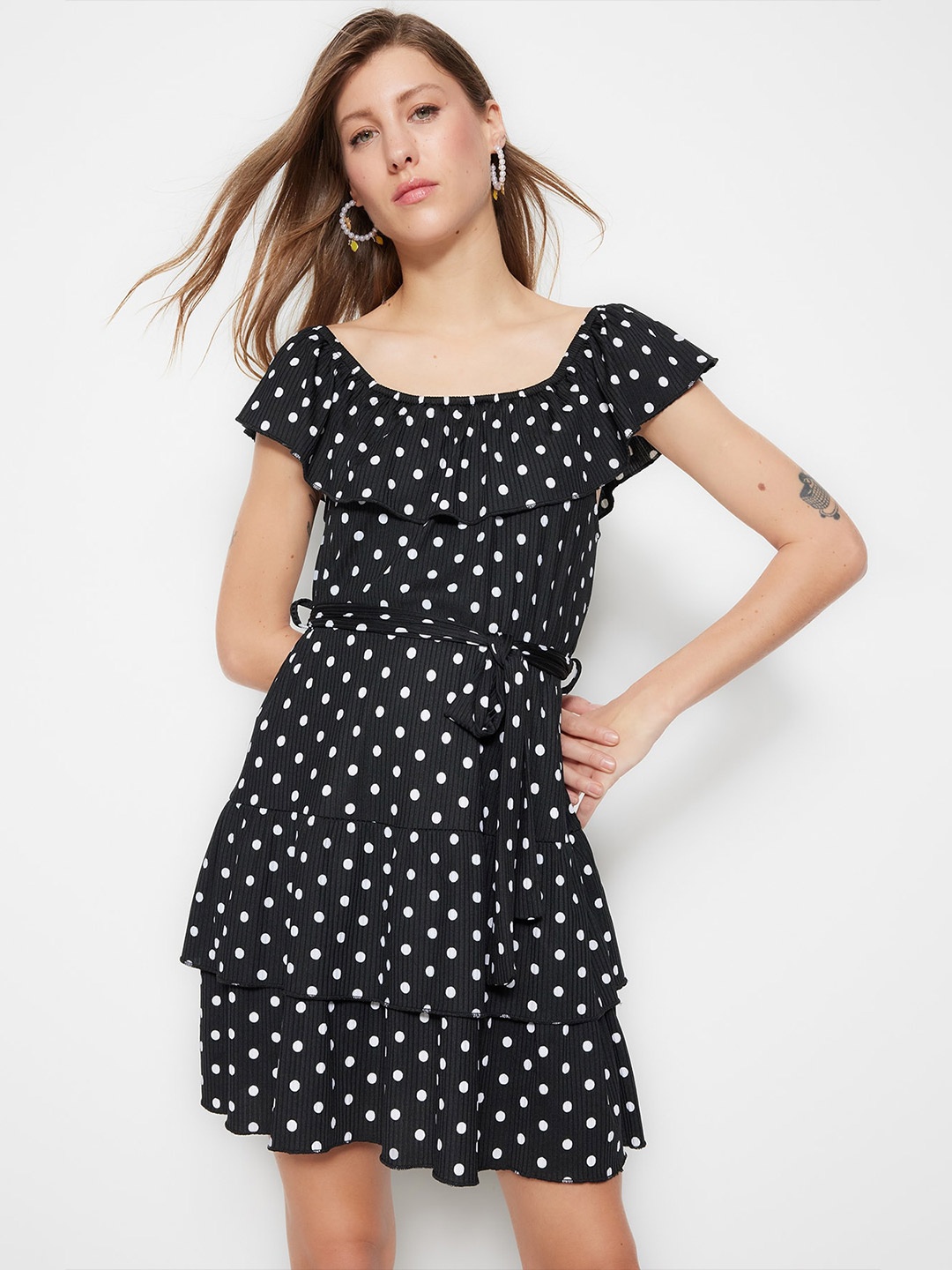 

Trendyol Polka Dot Print Flutter Sleeve Fit & Flare Dress, Black