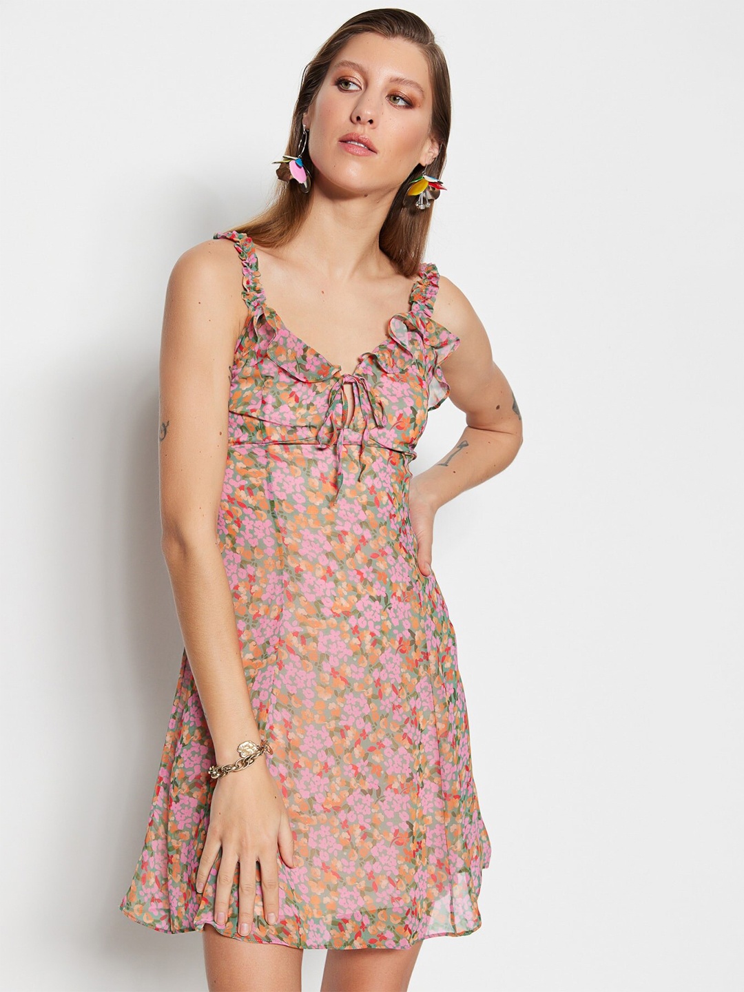 

Trendyol Floral Print Tie-Up Neck Fit & Flare Dress, Pink