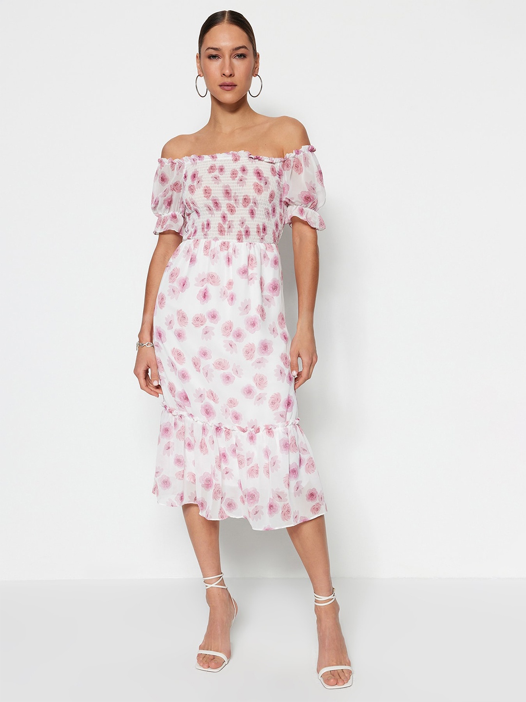 

Trendyol Floral Print Off-Shoulder Puff Sleeve Fit & Flare Midi Dress, White