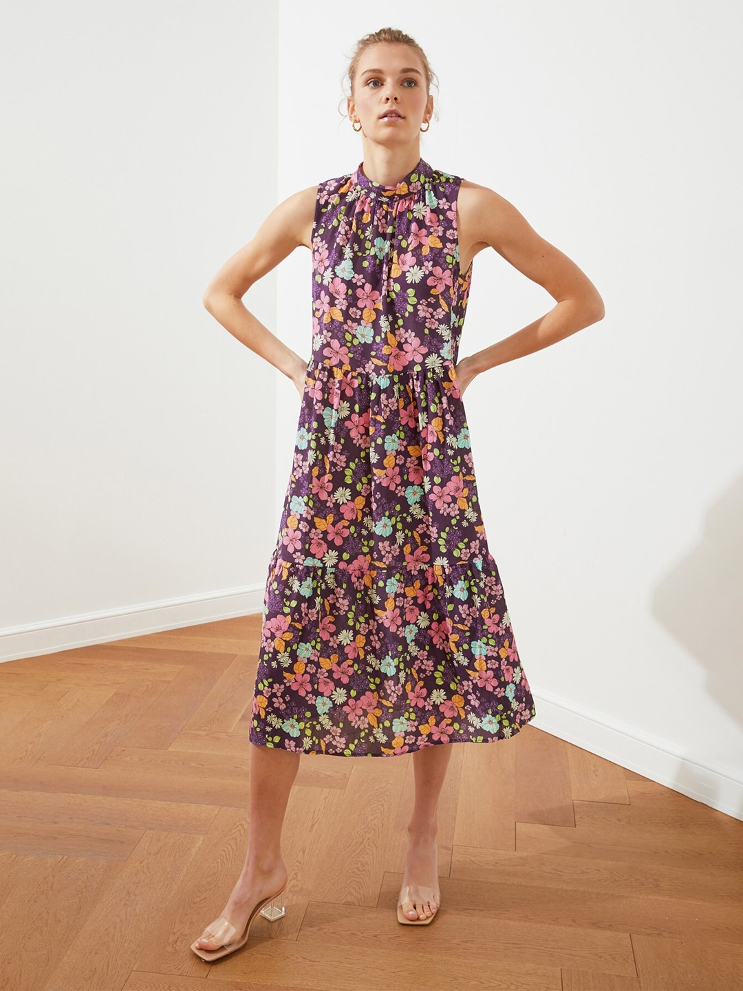 

Trendyol Floral Printed A-Line Midi Dress, Purple