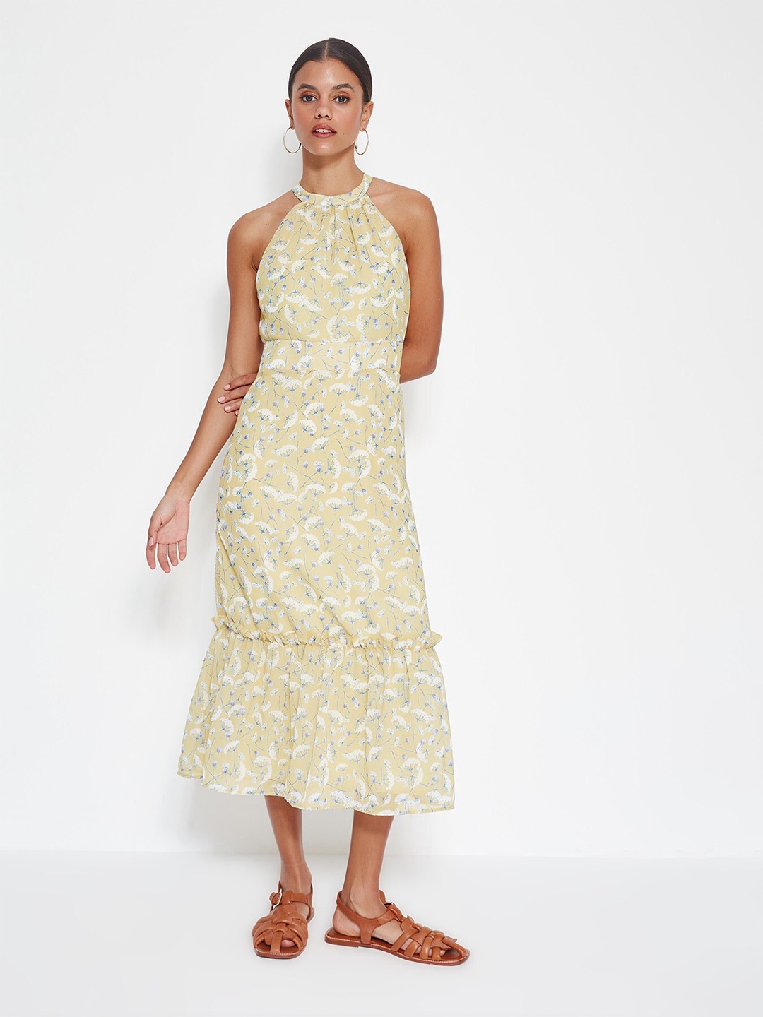 

Trendyol Halter Neck Floral Print A-Line Midi Dress, Green
