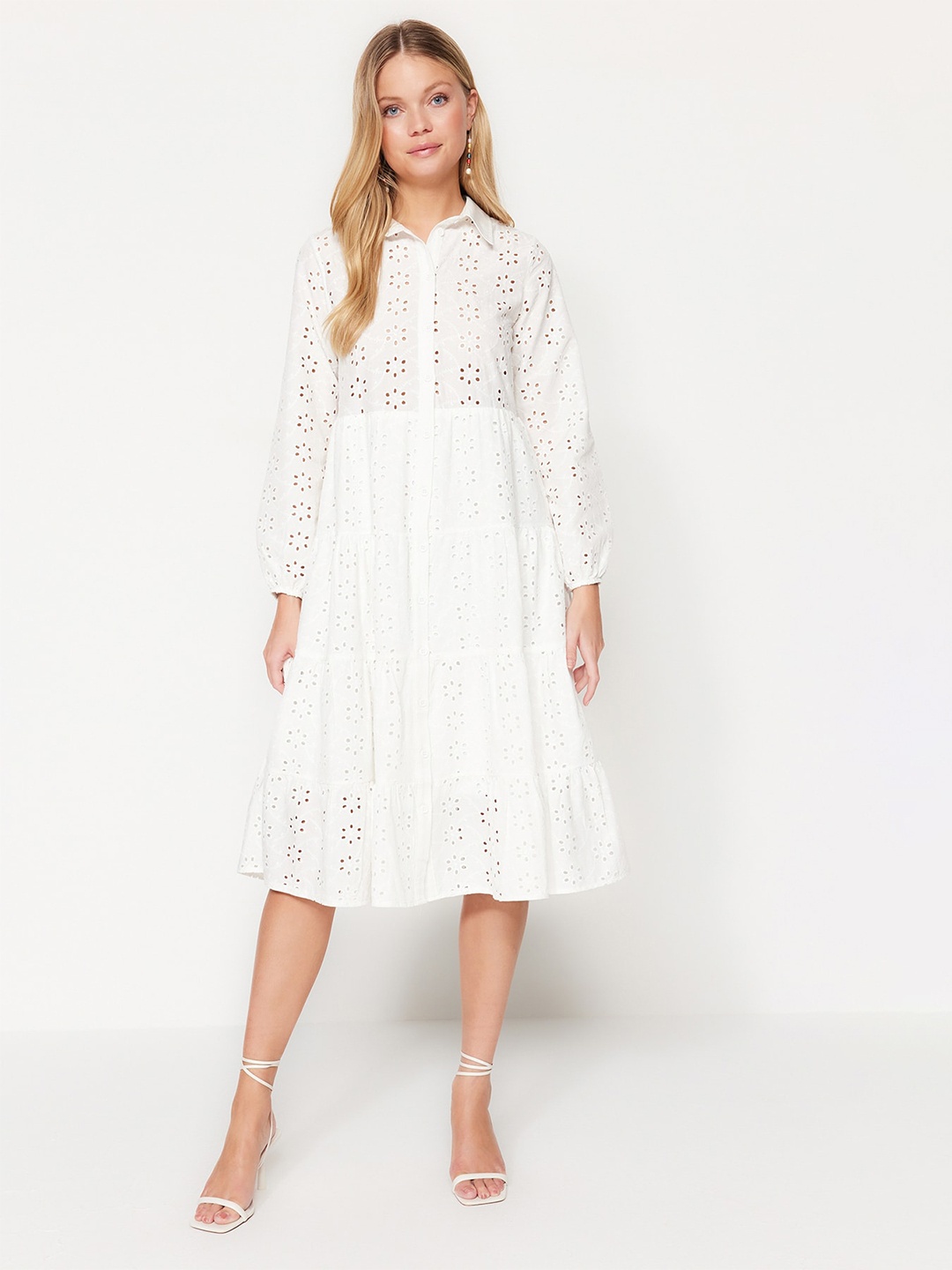 

Trendyol Self Design Schiffli Tiered Pure Cotton Shirt Midi Dress, White