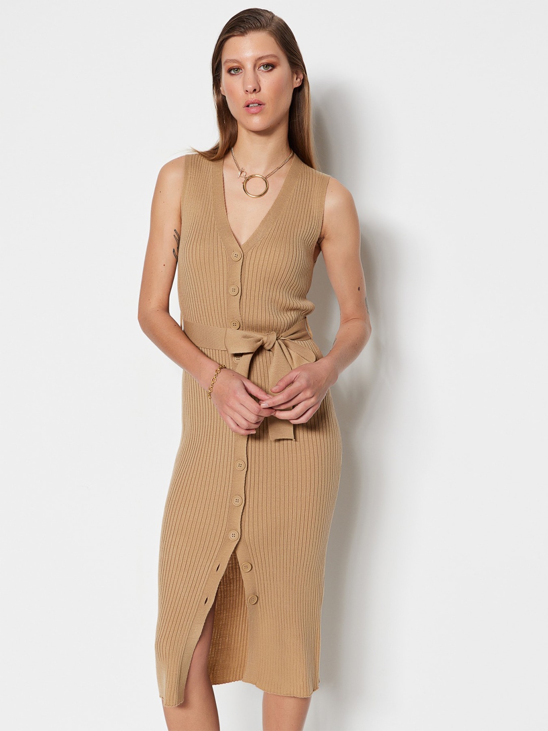 

Trendyol Ribbed Acrylic Sheath Midi Dress With Belt, Beige