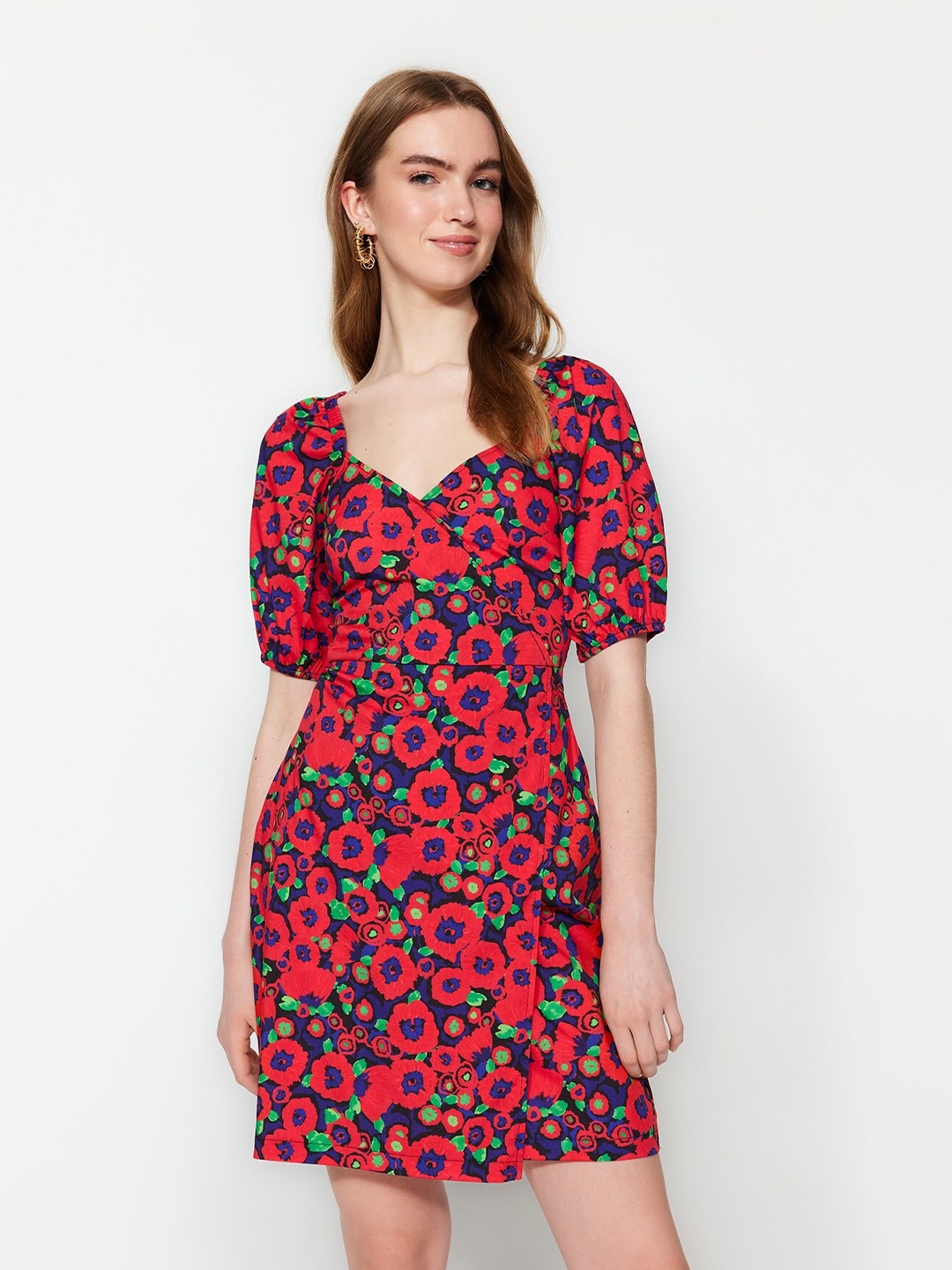 

Trendyol Floral Printed Puff Sleeves A-Line Mini Dress, Red