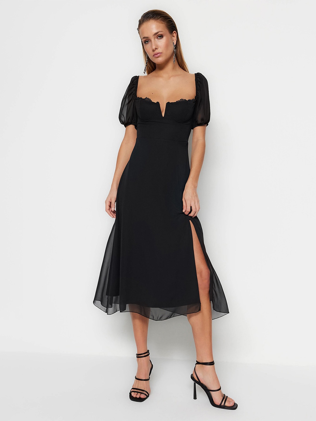 

Trendyol Puff Sleeves A-Line Midi Dress, Black