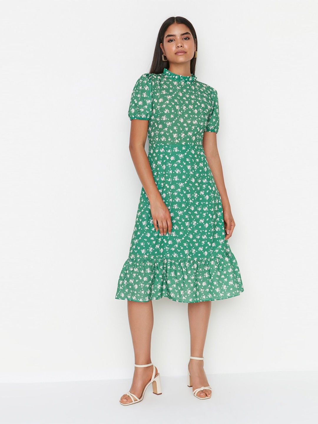 

Trendyol Floral Printed Puff Sleeves A-Line Dress, Green