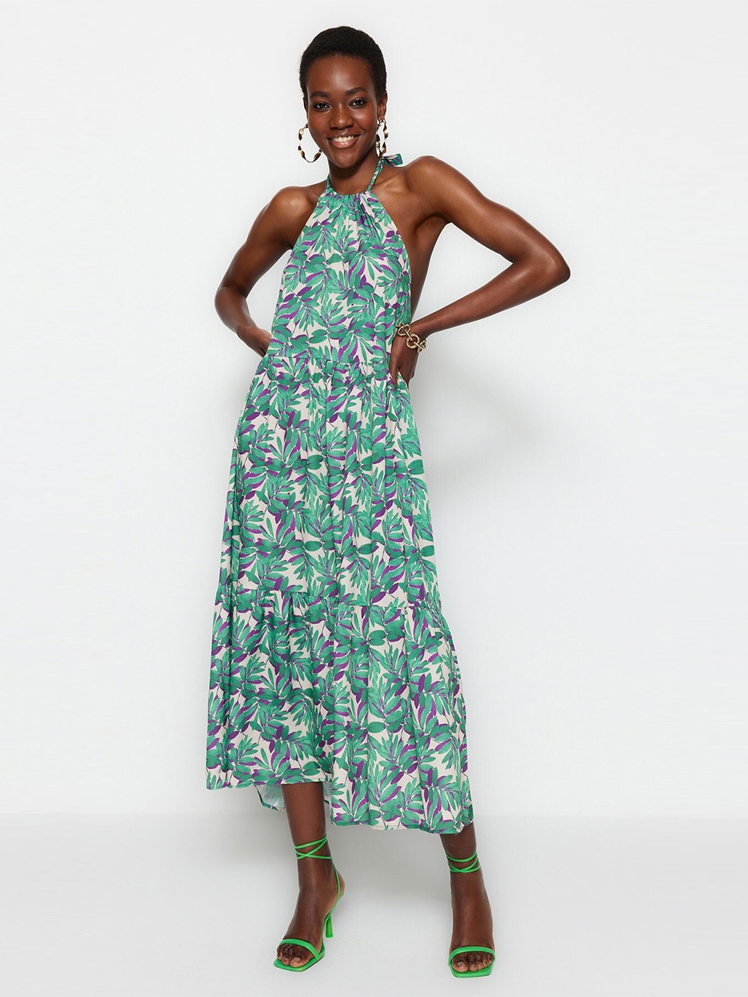 

Trendyol Floral Printed A-Line Midi Dress, Green