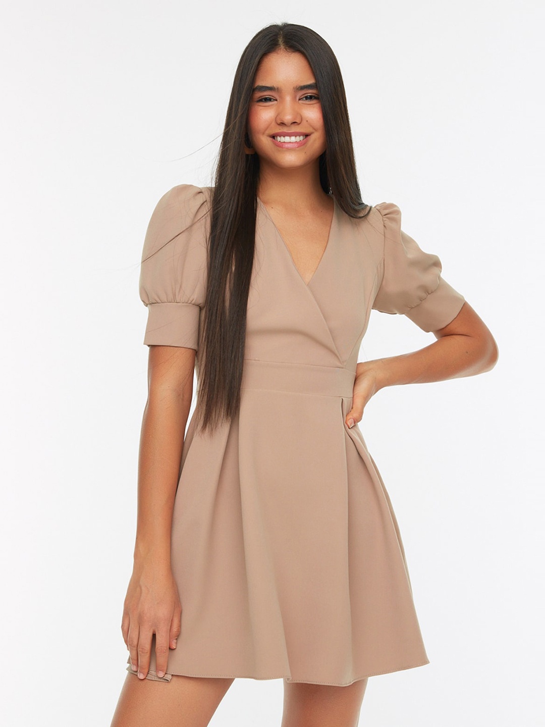 

Trendyol Puff Sleeves Fit & Flare Mini Dress, Beige