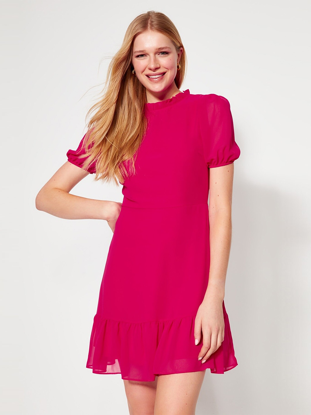 

Trendyol Puff Sleeve A-Line Mini Dress, Pink