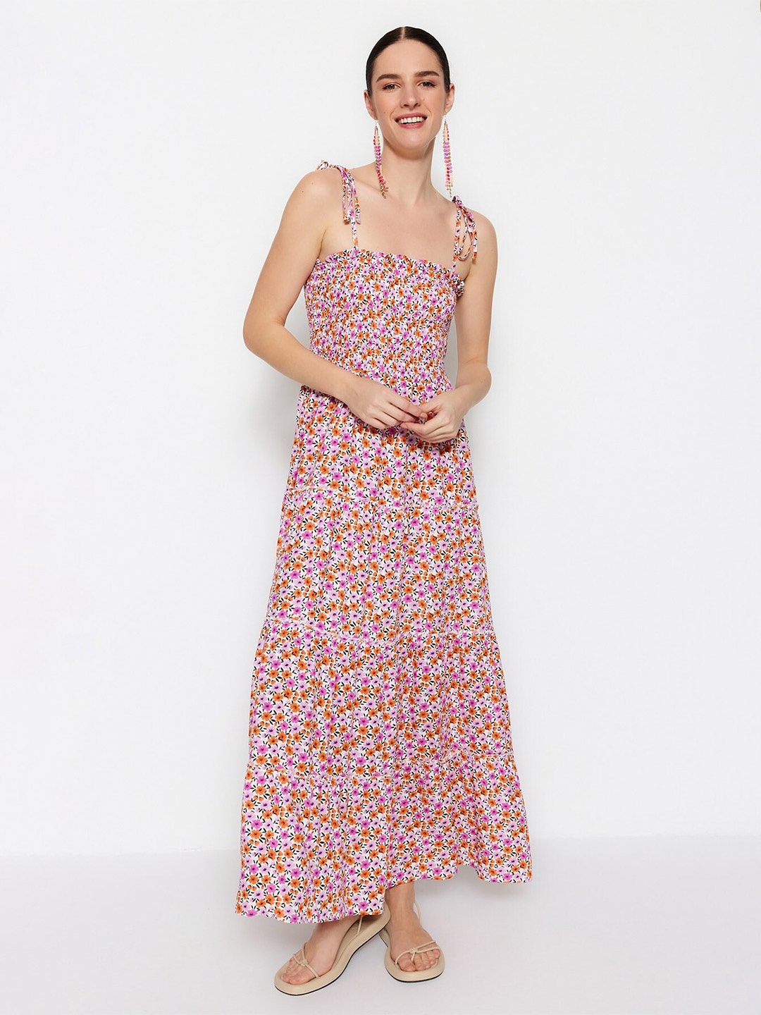 

Trendyol Floral Printed Smocked Tiered Fit & Flared Maxi Dress, Pink