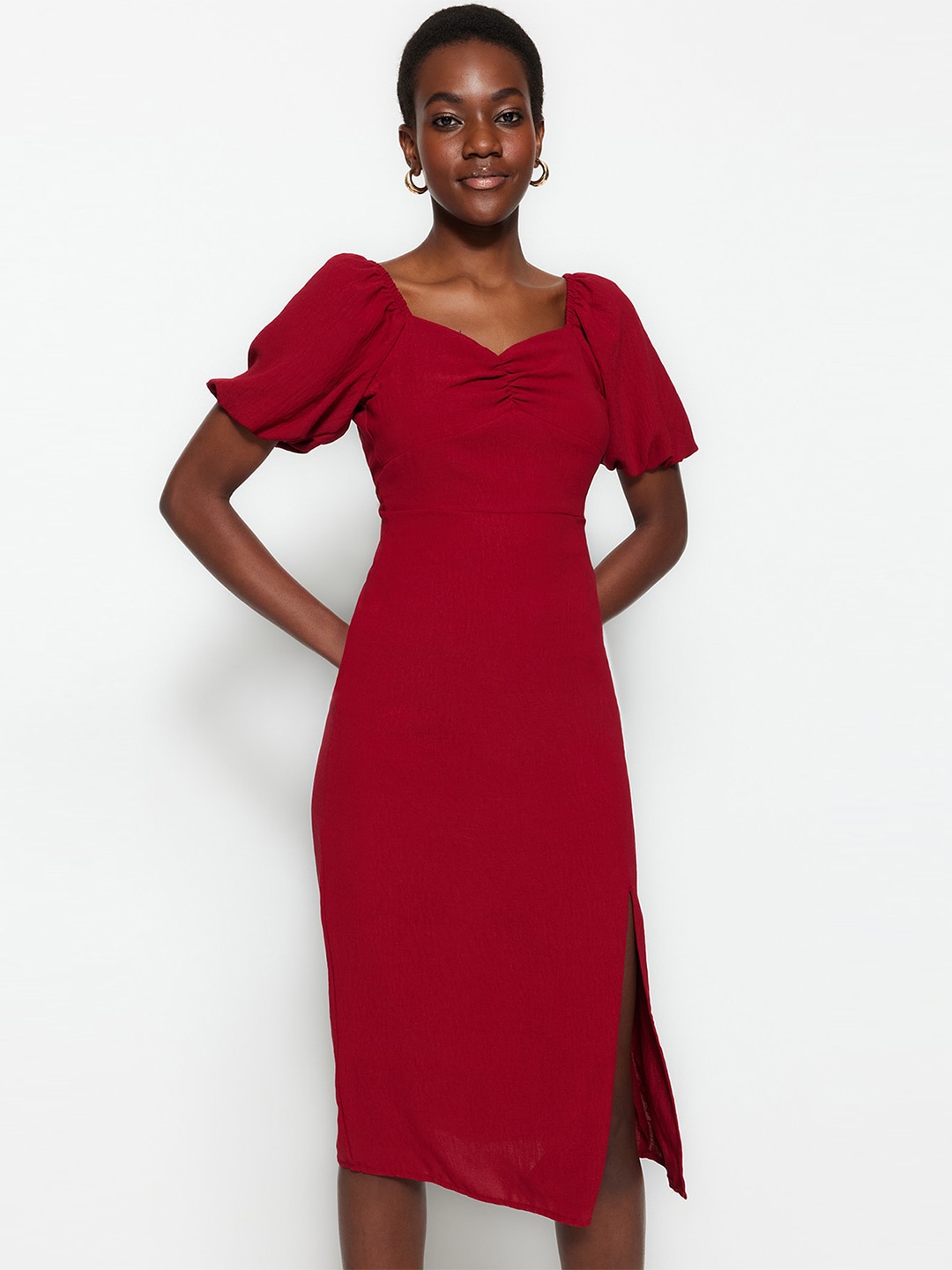 

Trendyol Puff Sleeves Sheath Midi Dress, Burgundy