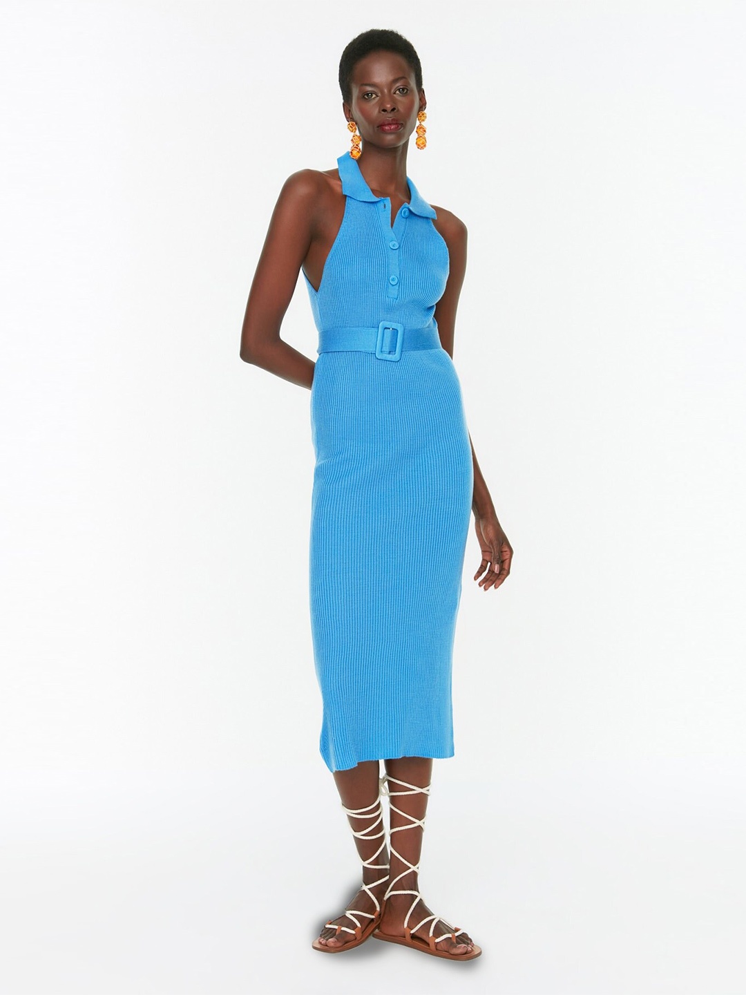 

Trendyol Ribbed Shirt Collar Acrylic Bodycon Midi Dress With Belt, Blue