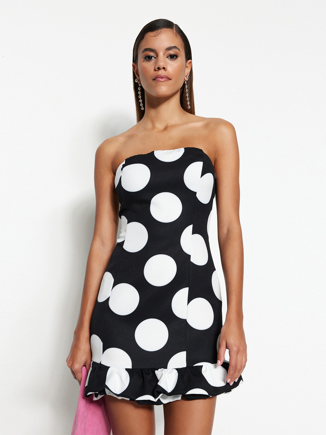 

Trendyol Polka Dot Printed Strapless Sheath Mini Dress, Black