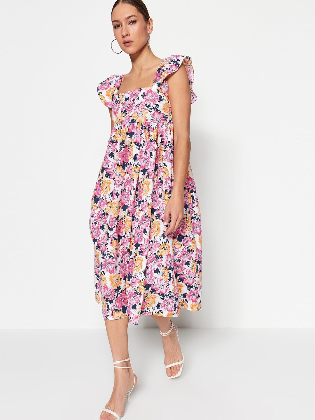 

Trendyol Floral Printed Flutter Sleeves Fit & Flare Midi Dress, White