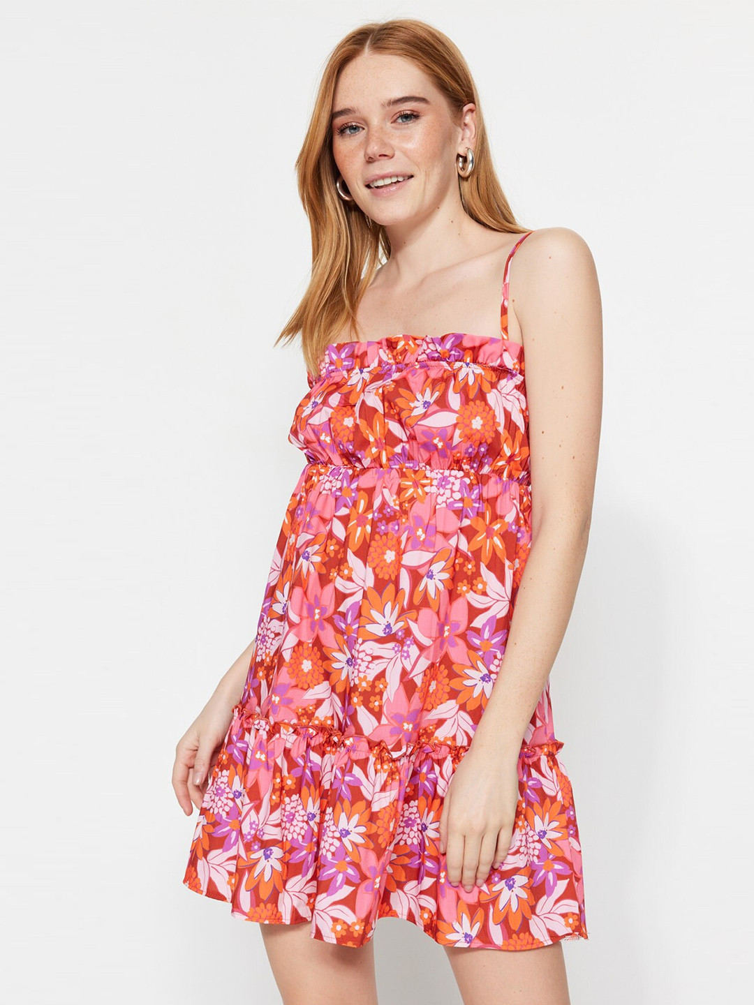 

Trendyol Floral Printed Shoulder Strap Fit & Flare Mini Dress, Orange