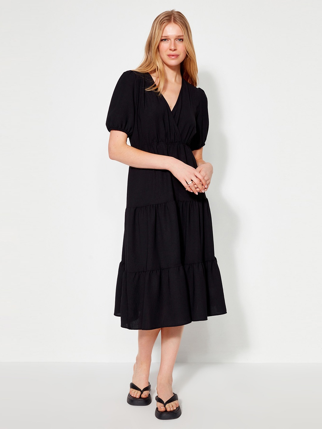 

Trendyol V-Neck Tiered Fit & Flare Midi Dress, Black