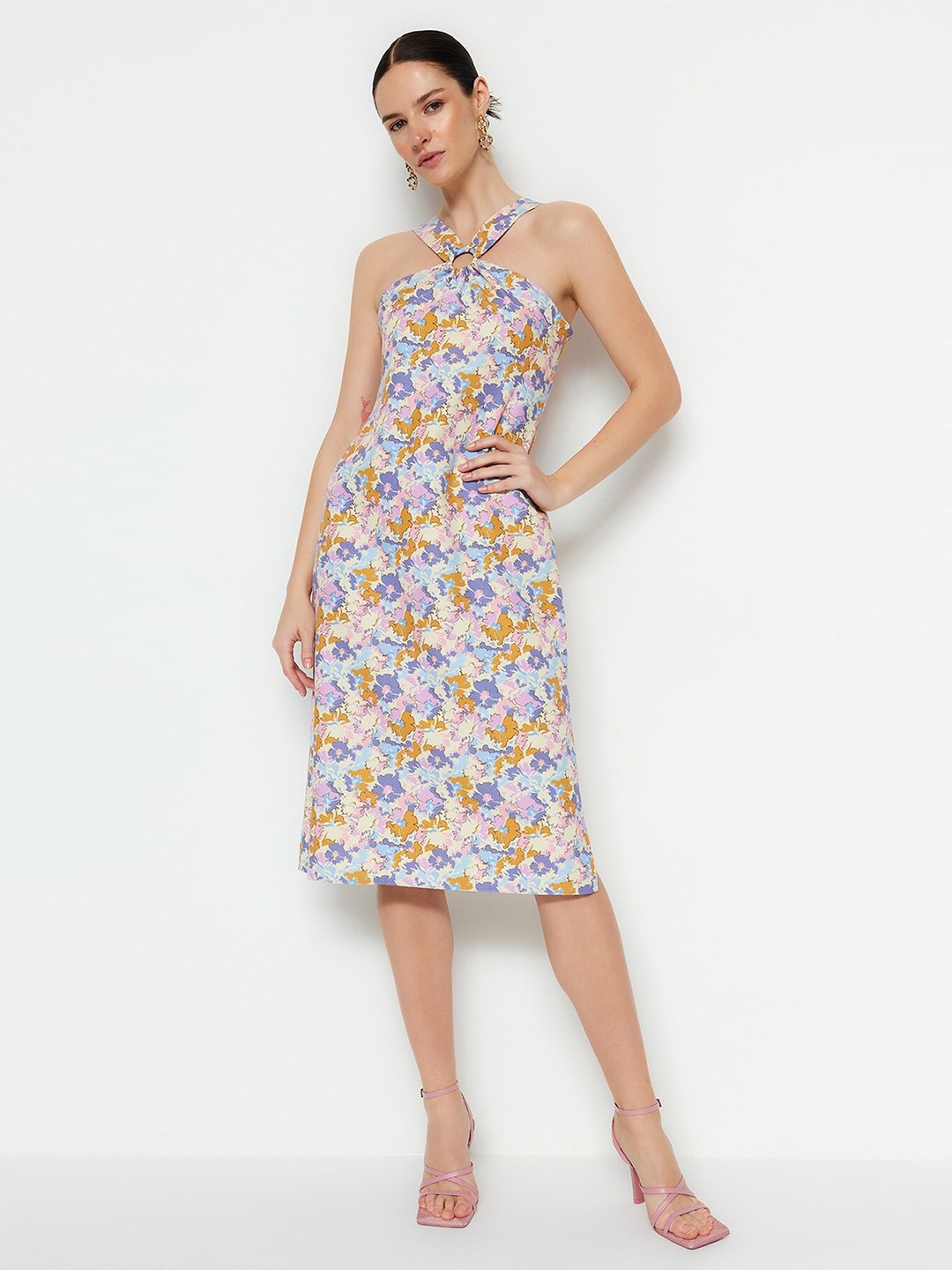 

Trendyol Abstract Printed Shoulder Strap Sheath Dress, Blue