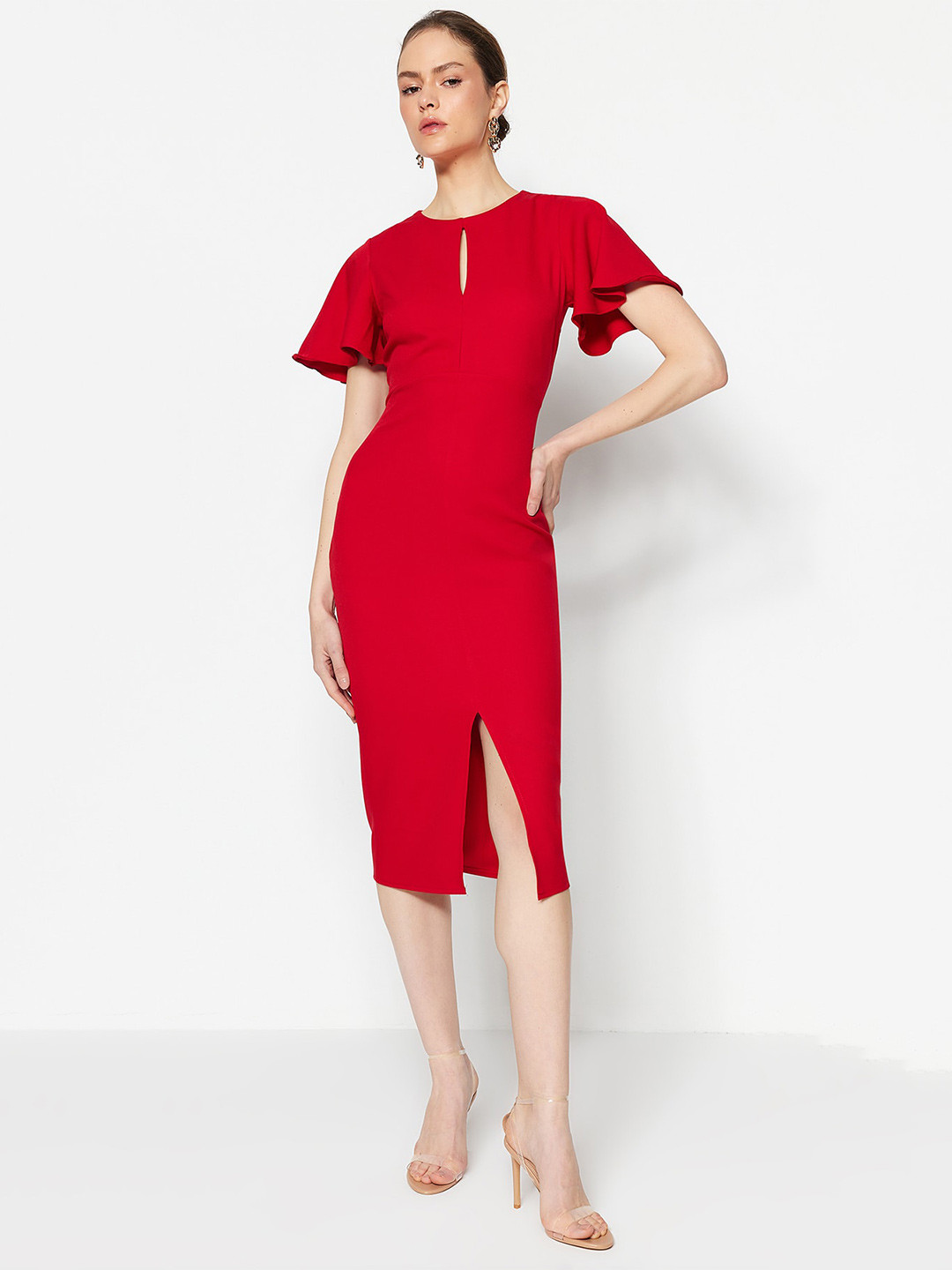 

Trendyol Keyhole Neck Flutter Sleeves Bodycon Midi Dress, Red