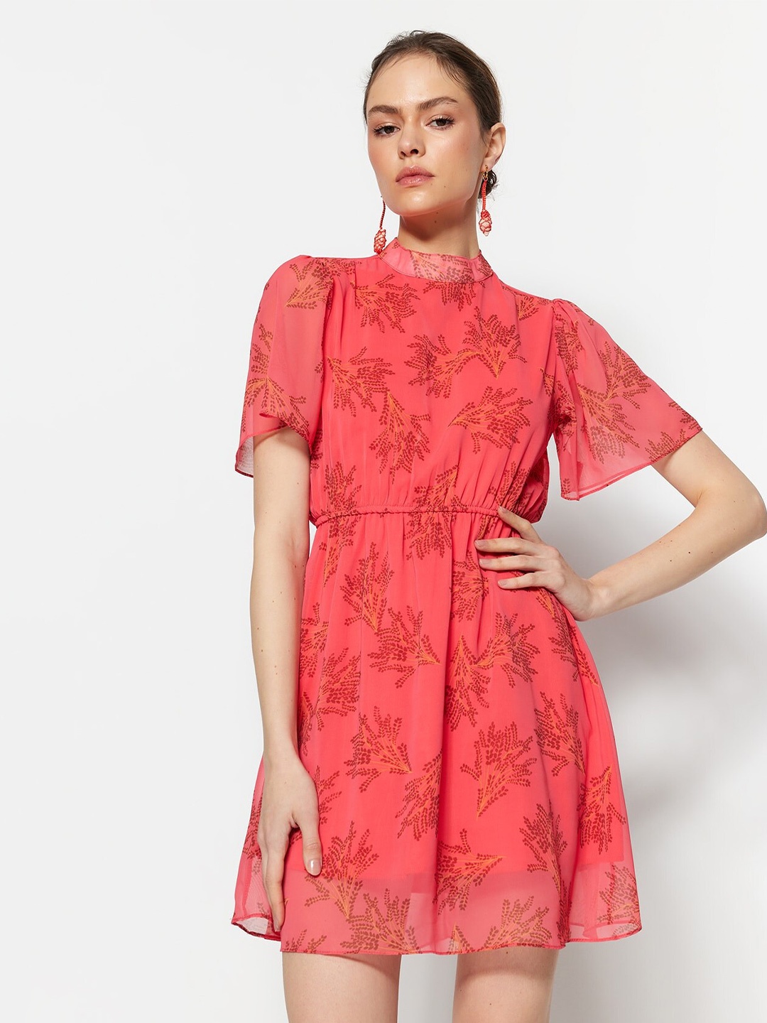 

Trendyol Floral Printed Flared Sleeves Fit & Flare Mini Dress, Red