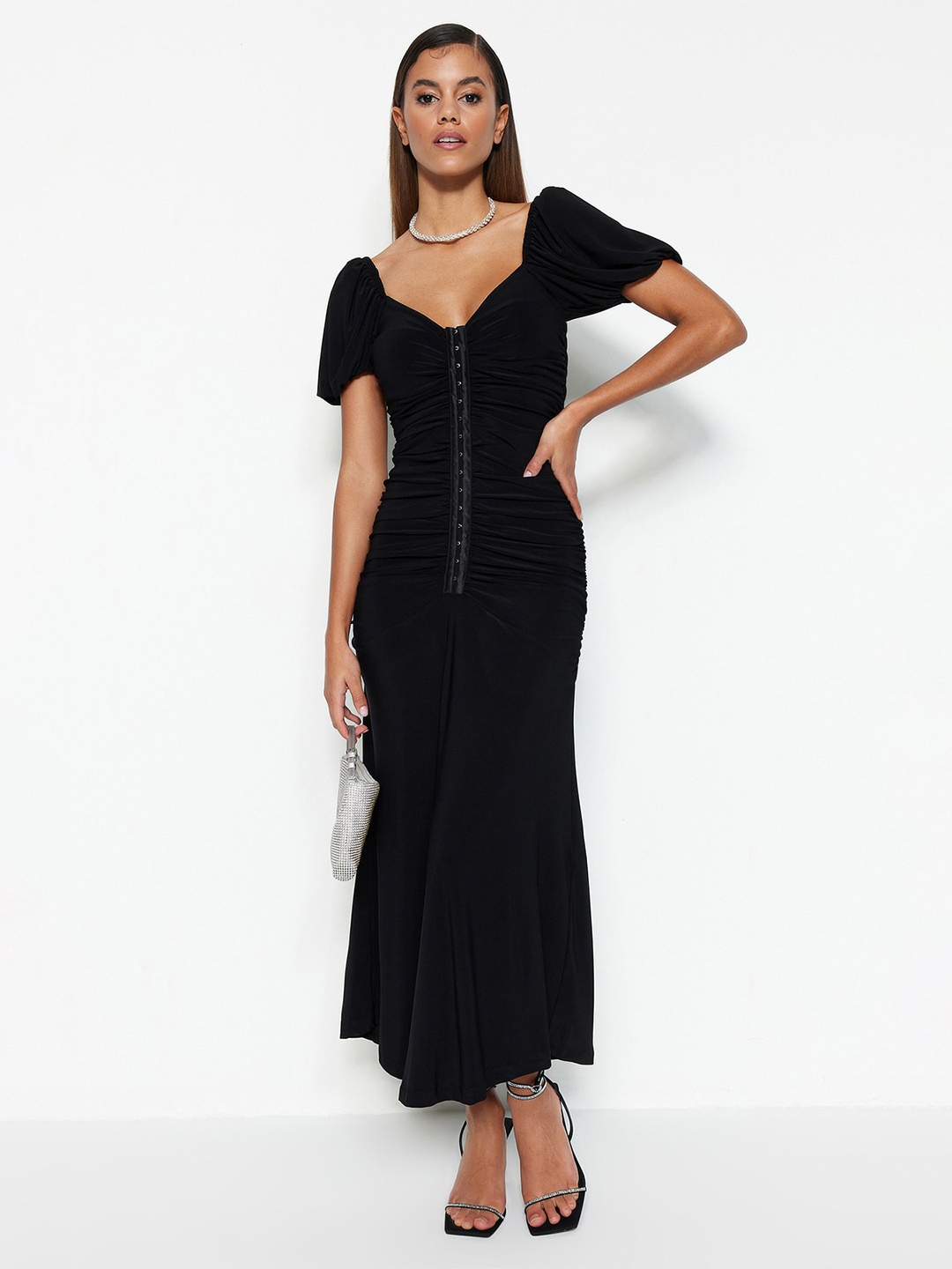 

Trendyol Puff Sleeves Ruched A-Line Maxi Dress, Black
