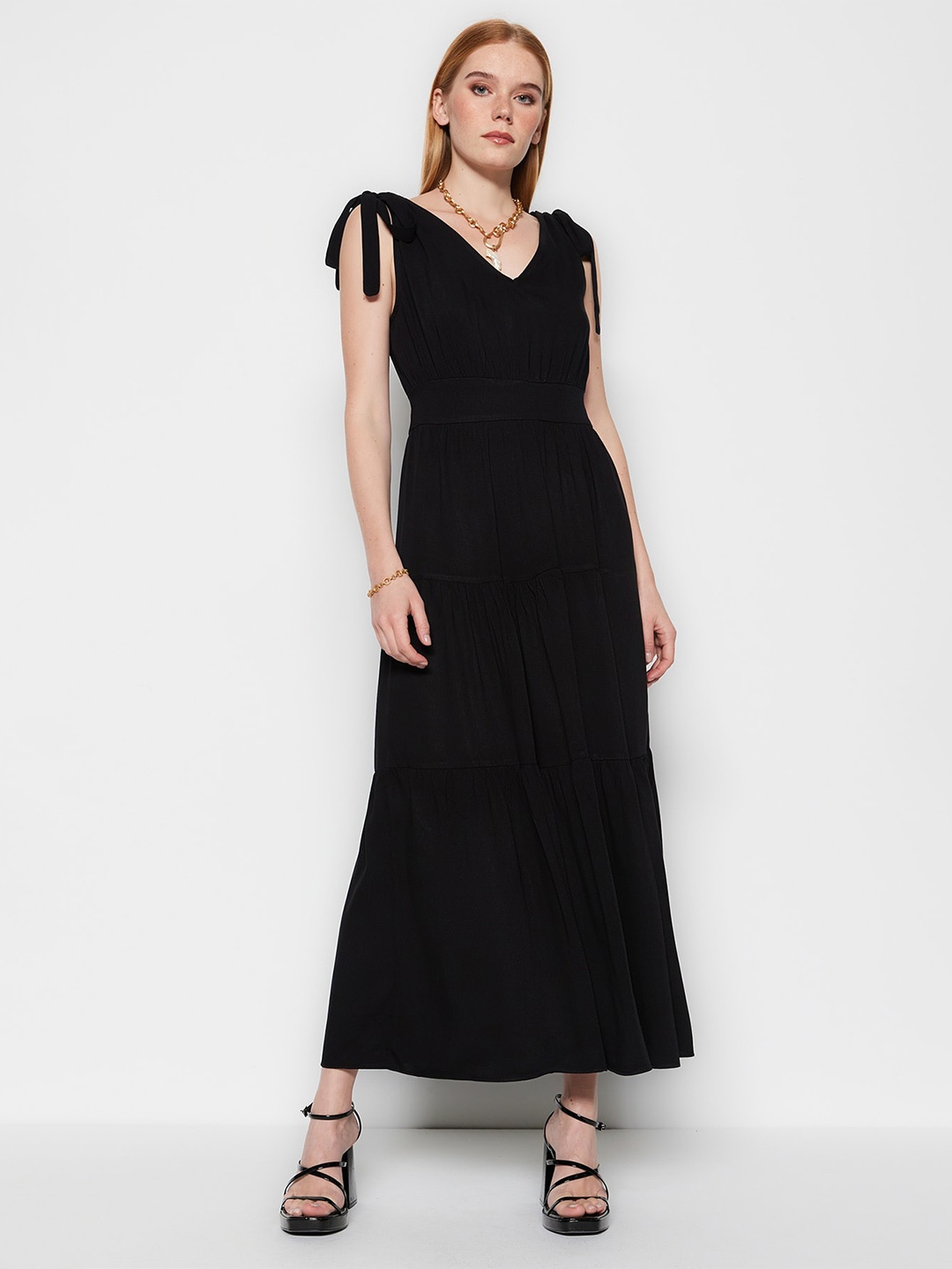 

Trendyol Sleeveless Tie-Up Tiered Fit & Flare Maxi Dress, Black