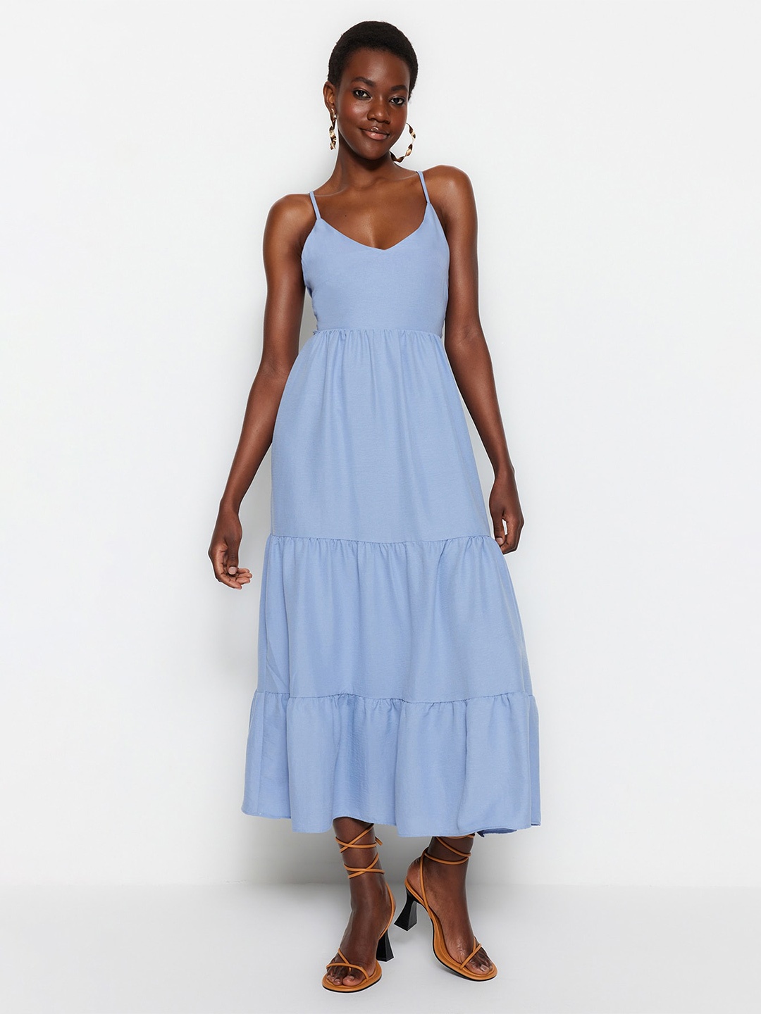 

Trendyol Shoulder Strap Tiered Fit & Flare Midi Dress, Blue