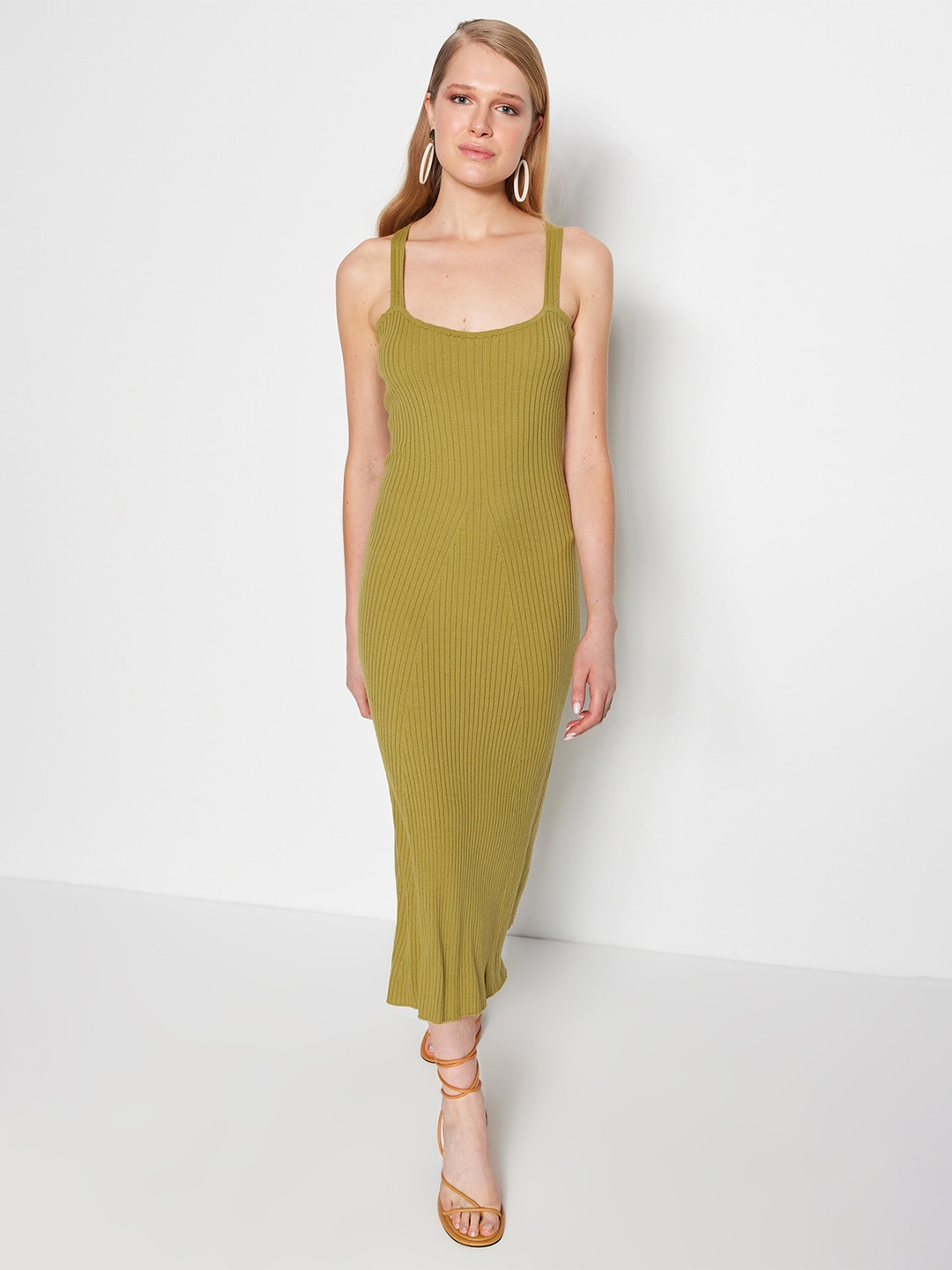 

Trendyol Ribbed Acrylic A-Line Midi Dress, Olive