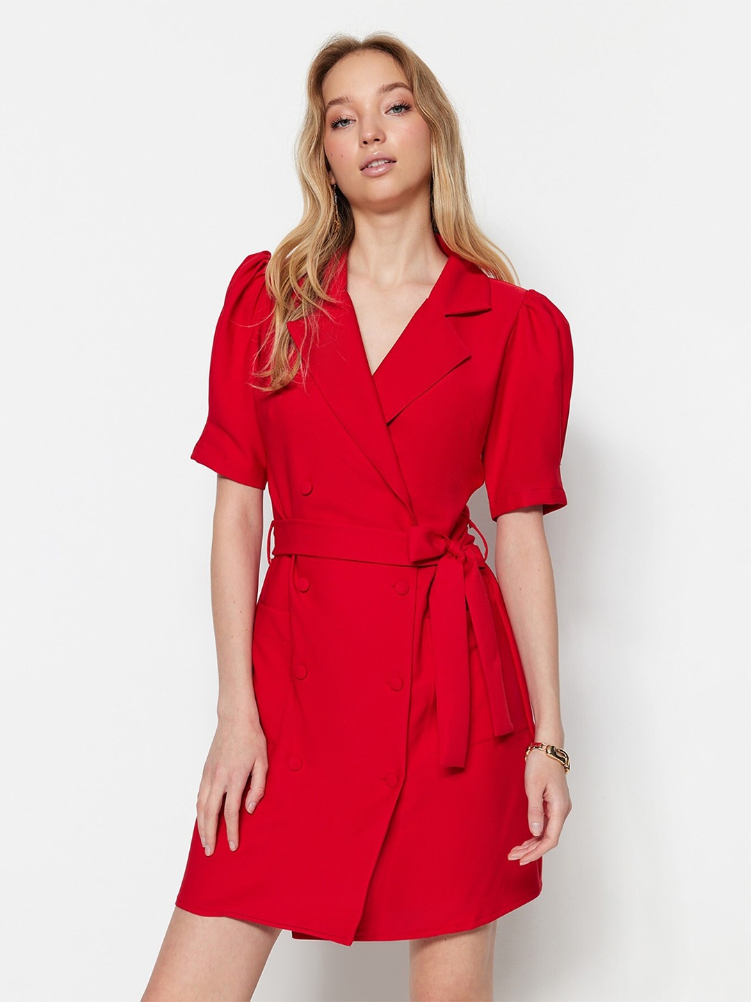 

Trendyol Shirt Collar Mini Blazer Dress With Belt, Red