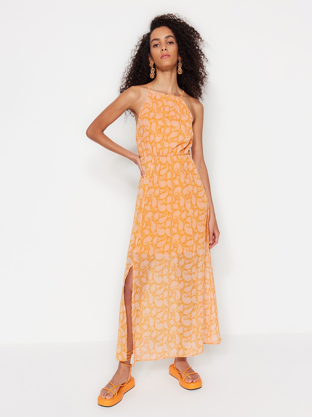 

Trendyol Ethnic Motif Printed Fit & Flare Maxi Dress, Orange