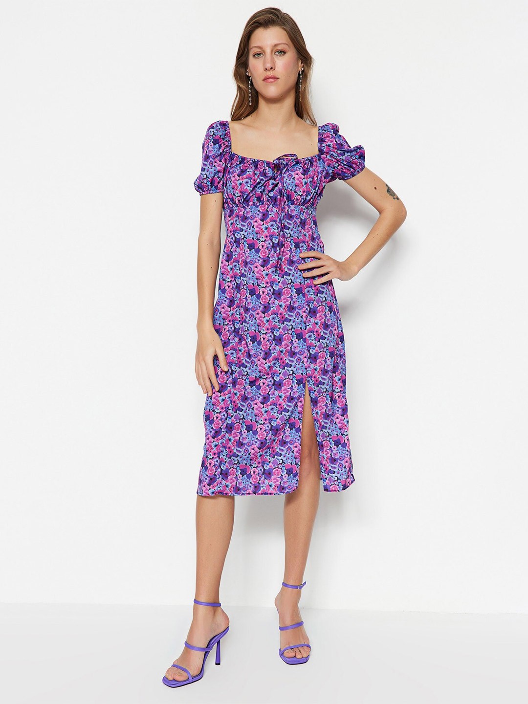 

Trendyol Floral Printed Puff Sleeves Sheath Midi Dress, Purple