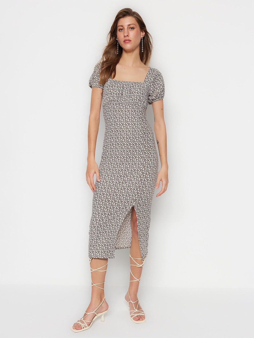 

Trendyol Floral Printed Sheath Midi Dress, Brown