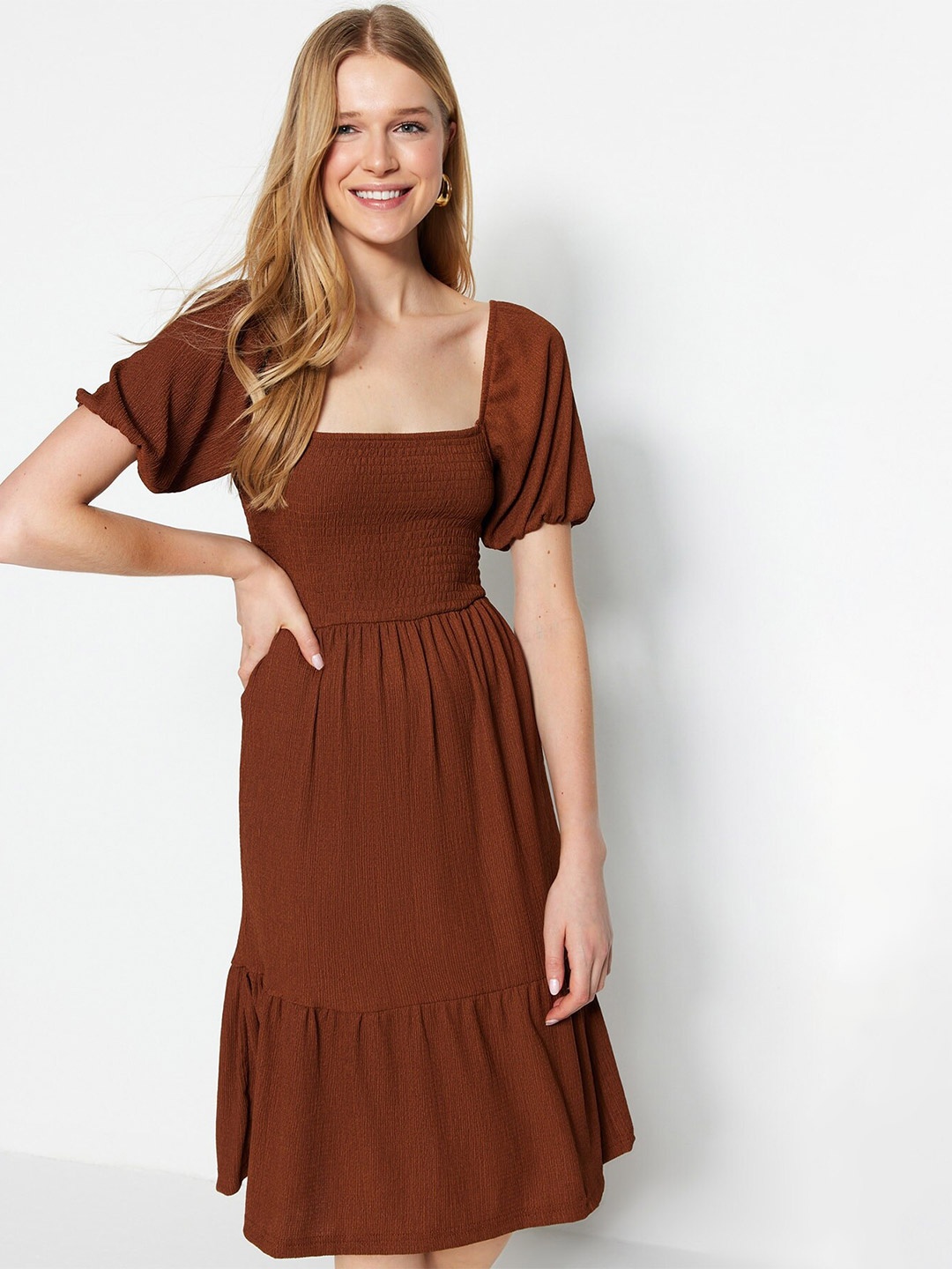 

Trendyol Square Neck Smocked Fit & Flare Midi Dress, Brown