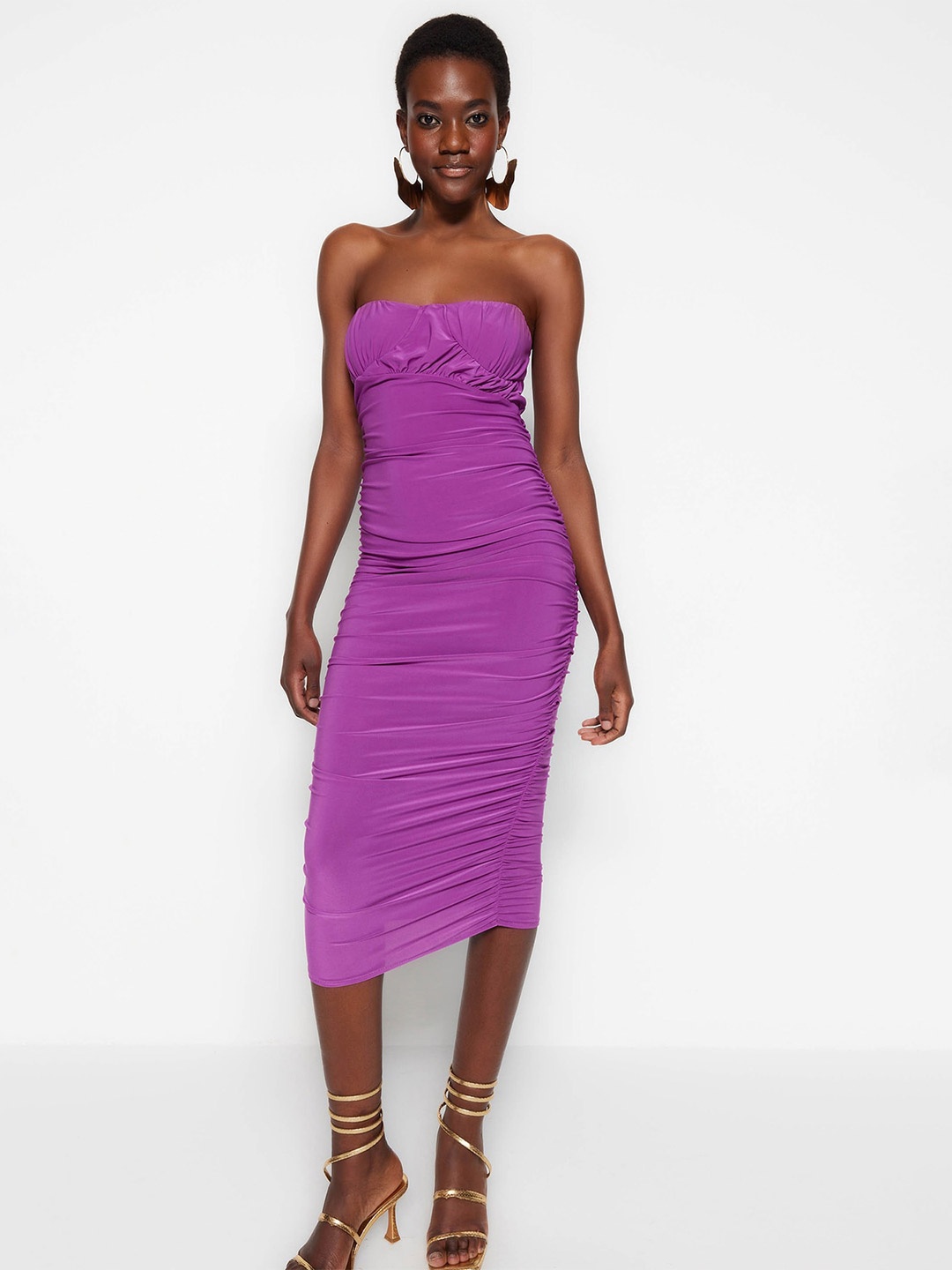 

Trendyol Strapless Ruched Bodycon Midi Dress, Purple