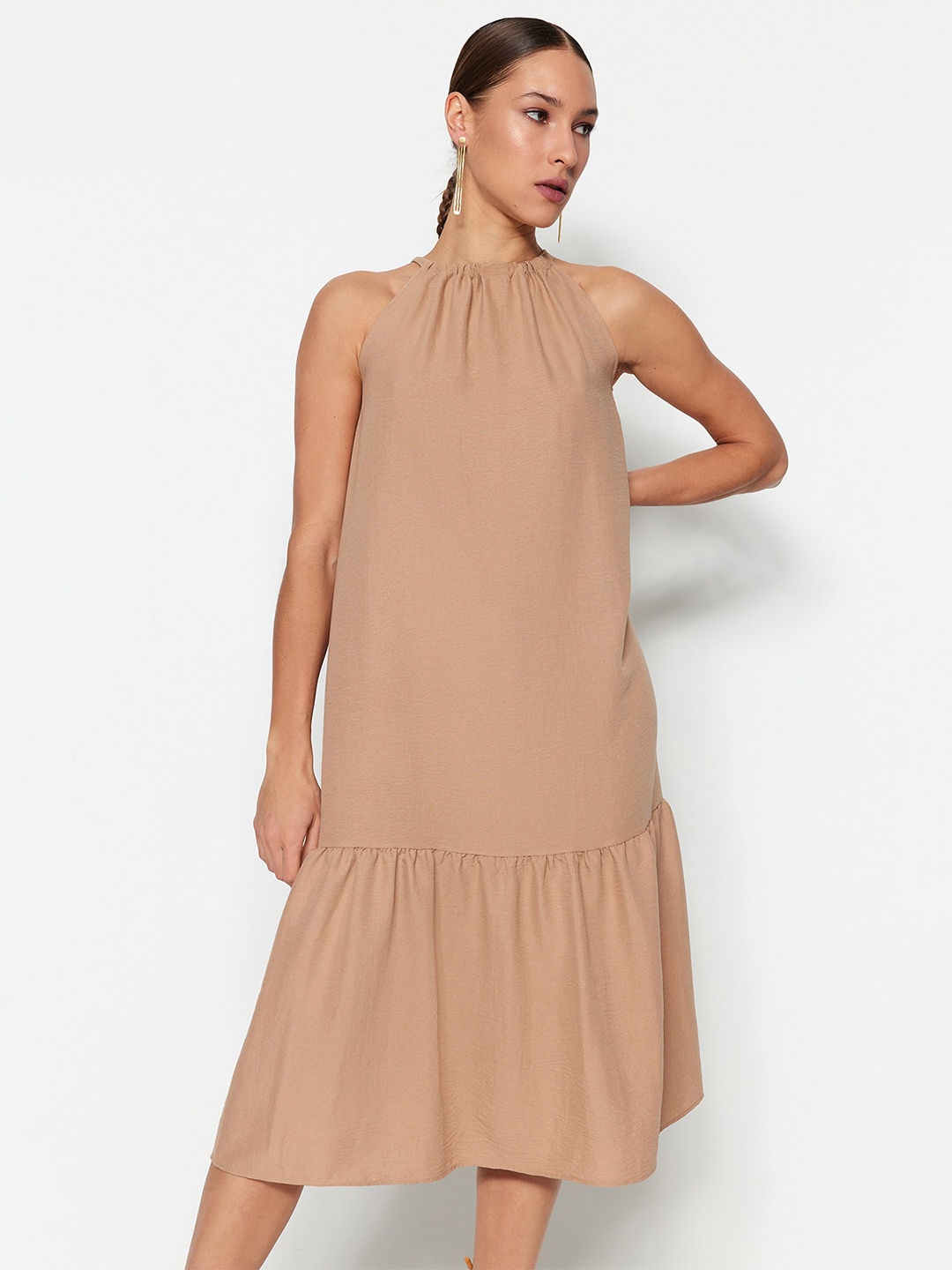 

Trendyol Round Neck A-Line Midi Dress, Beige