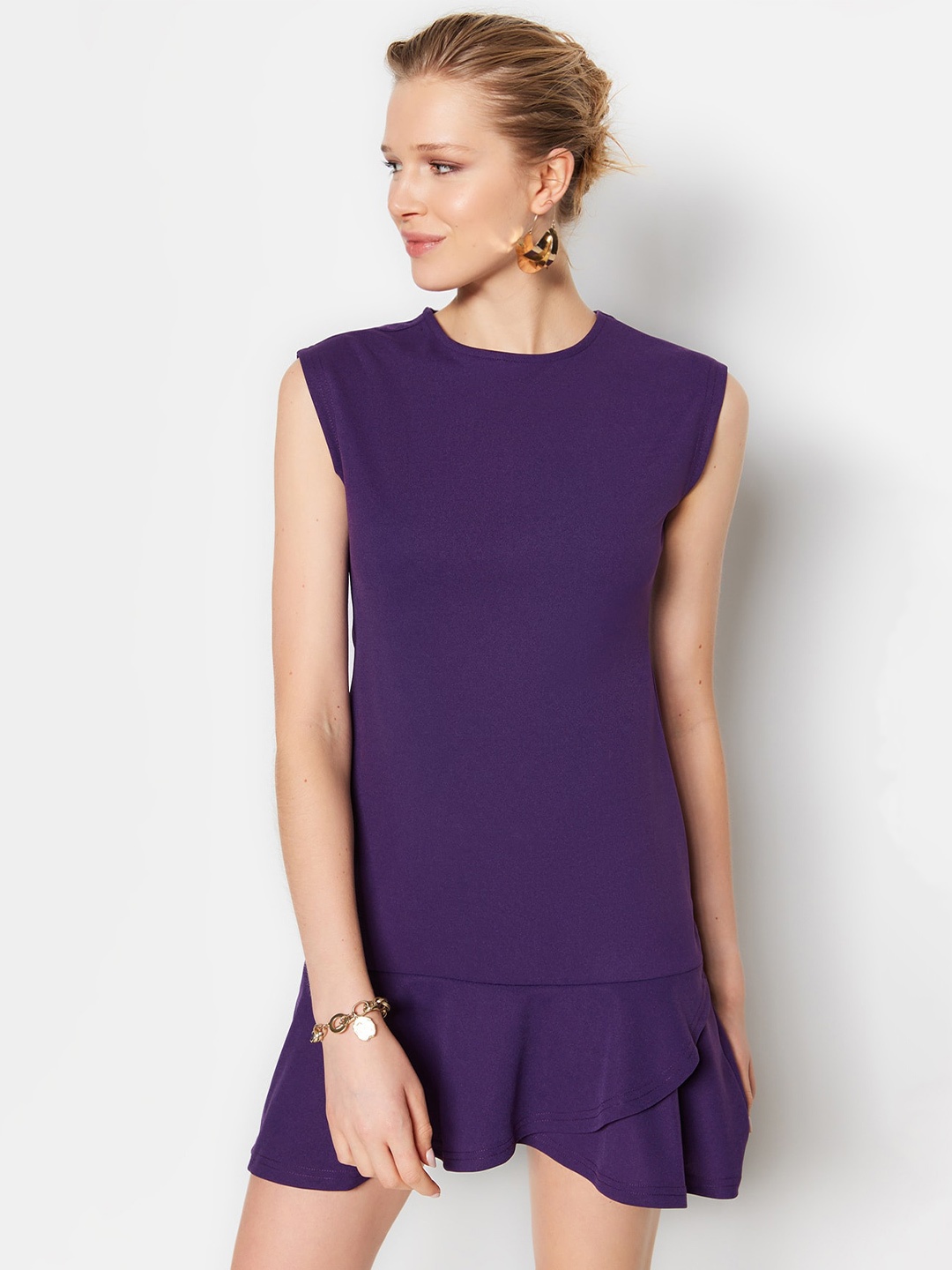 

Trendyol Round Neck Drop-Waist Mini Dress, Purple