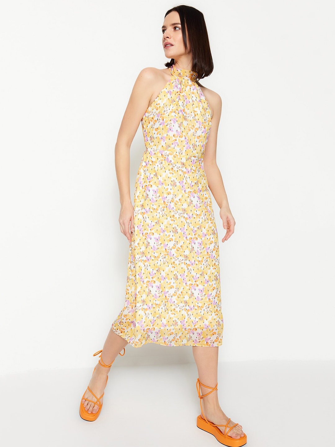 

Trendyol Floral Printed Halter Neck A-Line Midi Dress, Yellow