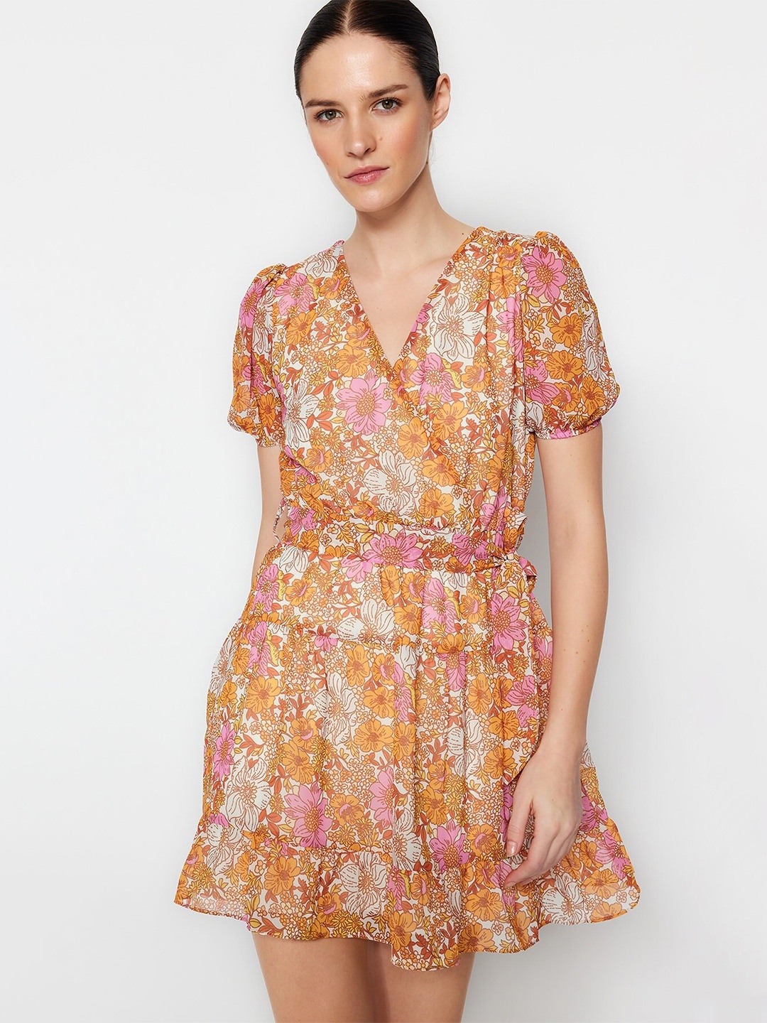

Trendyol Floral Printed V-Neck Fit & Flare Dress, Brown