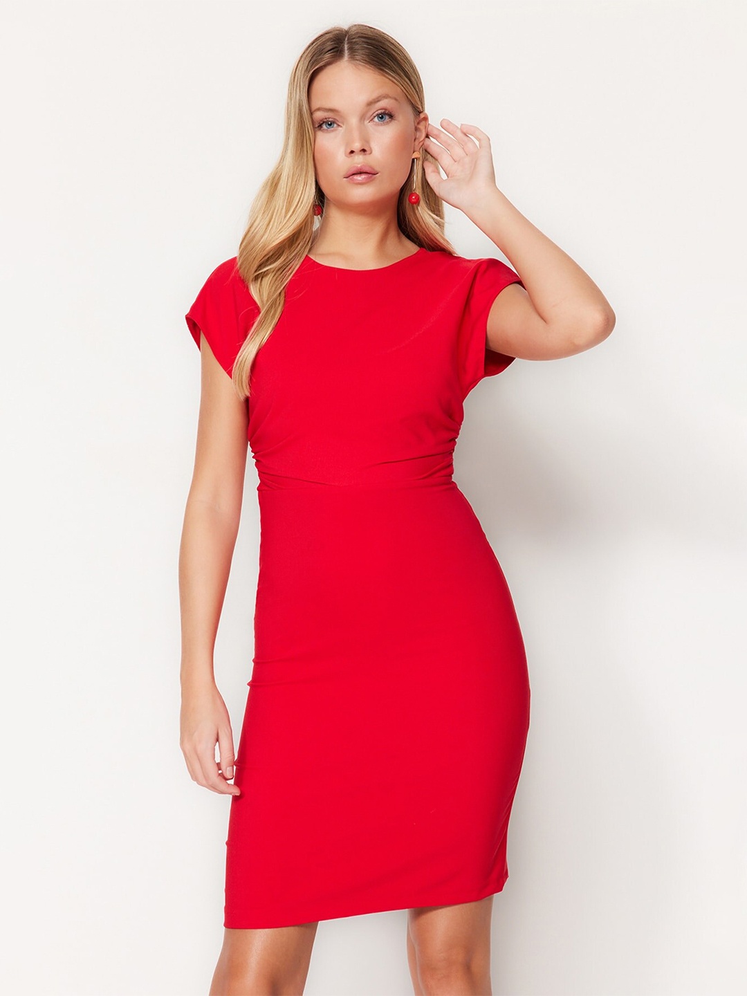 

Trendyol Round Neck Ruched Sheath Dress, Red