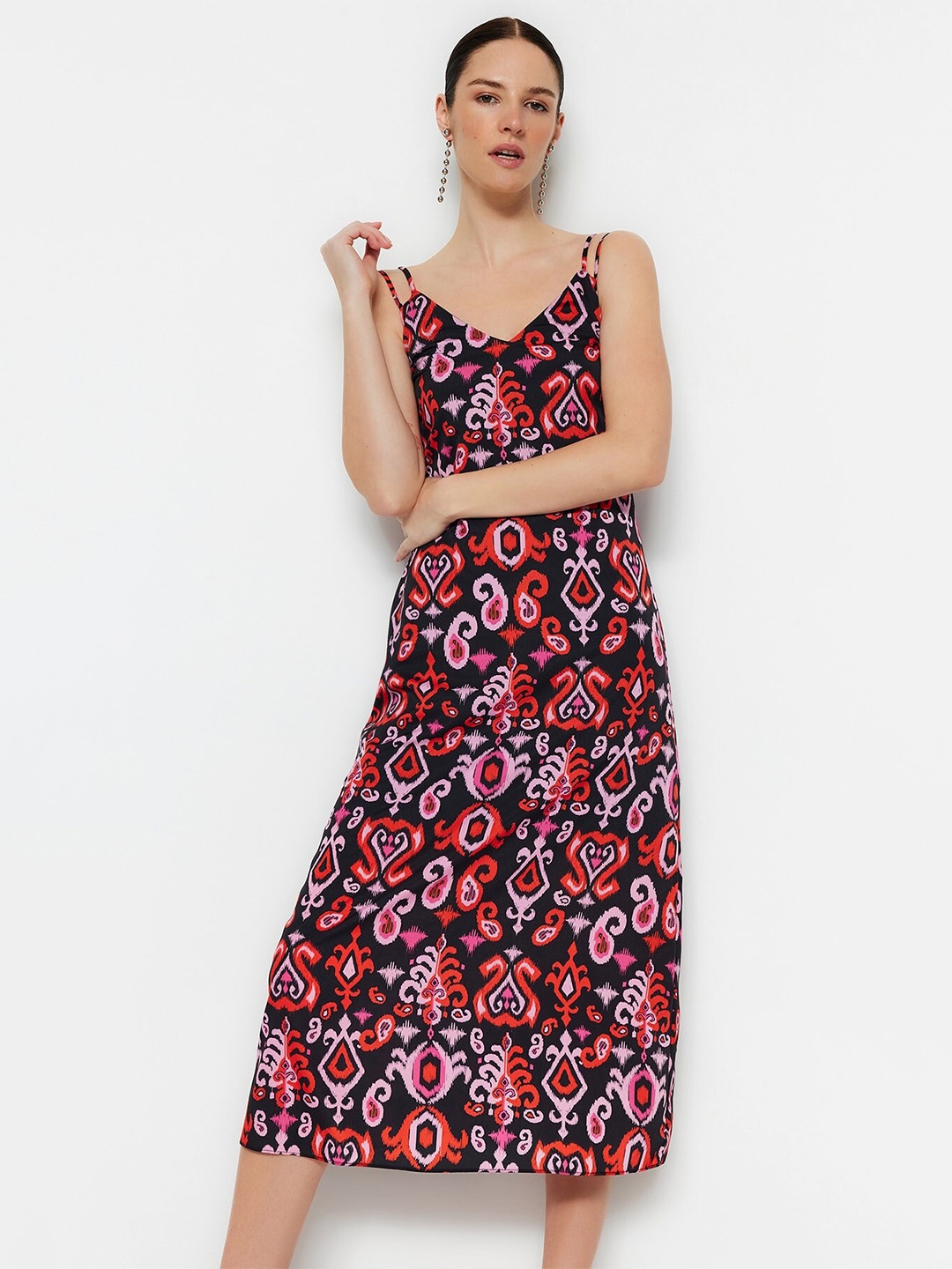 

Trendyol Ethnic Motifs Printed A-Line Midi Dress, Black