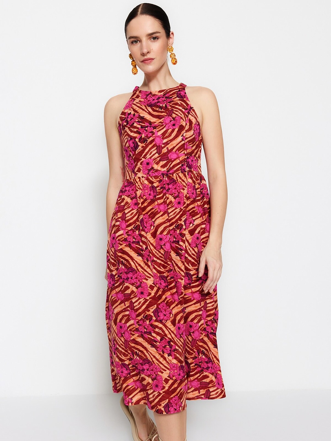 

Trendyol Floral Printed A-Line Midi Dress, Pink